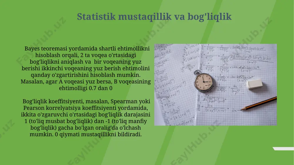 tsiyasi va ularning kvadratlarining yig'indisi 1 ga teng bo'lishini hisobga olish kerak. o'lchash xatolarining ta'siri agar o'lchash xatosi tasodifiy emas, balki sistematik bo'lsa, masalan, asbobning kalibrlashdagi 2 mm xatosi, bu xatoni hisobga olgan holda ehtimollik funksiyasini tuzish va qayta hisoblash zarur. o'lchash xatosi 5% dan oshsa, ehtimollik hisob-kitoblarida korrelyatsiya koeffitsiyentini (r) qo'llash va uning 0,8 dan yuqori bo'lishini tekshirish kerak; aks holda natijalar ishonchsiz bo'ladi. e'tiboringiz uchun rahmat @taqdimot_robot image1.jpg image2.jpg image3.jpg image4.jpg image5.jpg image6.jpg image7.jpg image8.jpg image9.jpg