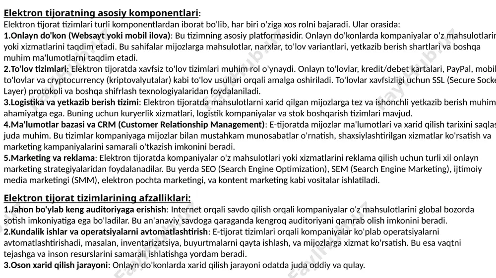 ki xizmatlarini reklama qilish uchun turli xil onlayn marketing strategiyalaridan foydalanadilar. bu yerda seo (search engine optimization), sem (search engine marketing), ijtimoiy media marketingi (smm), elektron pochta marketingi, va kontent marketing kabi vositalar ishlatiladi. elektron tijorat tizimlarining afzalliklari: jahon bo'ylab keng auditoriyaga erishish: internet orqali savdo qilish orqali kompaniyalar o'z mahsulotlarini global bozorda sotish imkoniyatiga ega bo'ladilar. bu an'anaviy savdoga qaraganda kengroq auditoriyani qamrab olish imkonini beradi. kundalik ishlar va operatsiyalarni avtomatlashtirish: e-tijorat tizimlari orqali kompaniyalar ko'plab operatsiyalarni avtomatlashtirishadi, masalan, inventarizatsiya, buyurtmalarni qayta ishlash, va mijozlarga xizmat ko'rsatish. bu esa vaqtni tejashga va inson resurslarini samarali ishlatishga yordam beradi. oson xarid qilish jarayoni: onlayn do'konlarda xarid qilish jarayoni odatda juda oddiy va qulay. elektron tijorat tizimlarining xavflari va kamchiliklari: xavfsizlik muammolari: onlayn tranzaktsiyalarni amalga oshirishda xavfsizlik masalalari katta ahamiyatga ega. kiberhujumlar, firibgarlik va ma'lumotlar o'g'irlash kabi xavflar mavjud. kompaniyalar xavfsizlikni ta'minlash uchun ilg'or shifrlash texnologiyalaridan foydalanishlari kerak. logistika va yetkazib …
