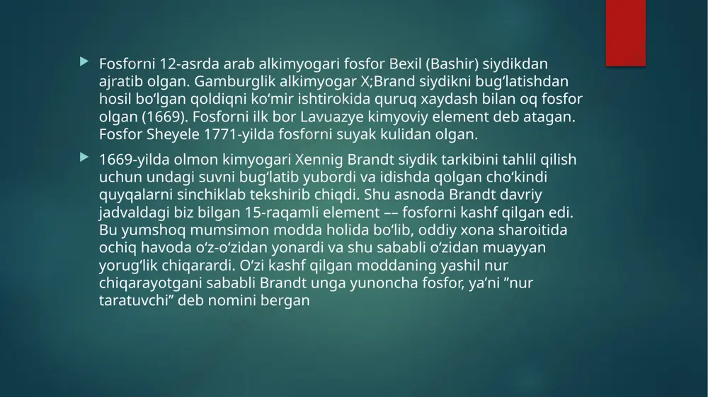 ini termodinamik jihatdan barqaror modifikatsiyaga o’tkazishda kimyoviy faollik kamayadi, masalan, oq fosforni qizil, keyin qizildan qora rangga aylantirganda. fosforning ishlatilishi fosfor eng muhim biogen element hisoblanadi va shu bilan birga sanoatda keng qo’llaniladi. gugurt ishlab chiqarishda qizil fosfor ishlatiladi. u gugurt karakasing yuzasiga qoplanadi. oltingugurt va kaliy xloratini o’z ichiga yuzaga gugurt cho’pi boshi ishqalansa, olov paydo bo’ladi. ehtimol, inson xizmatiga qo’ygan fosforning birinchi xususiyati yonuvchanlikdir. fosforning yonuvchanligi juda muhim va allotropik modifikatsiyaga bog’liq. kimyoviy jihatdan eng faol, toksik va yonuvchan oq («sariq») fosfor, ushning uchun u ko’p ishlatiladi (yunuvchi bomba va boshqalarda). qizil fosfor sanoat tomonidan ishlab chiqariladigan va iste’mol qilinadigan asosiy modifikatsiyadir. u gugurt ishlab chiqarishda, portlovchi moddalar, yoqish uchun aralashmalar, har xil turdagi yoqilg’ilar, shuningdek haddan tashqari bosimli moylash materiallarini ishlab chiqarishda ishlatiladi. fosfor aralashmalari qishloq xo’jaligida fosfor (fosfatlar shaklida) atf sintezida ishtirok etadigan uchta muhim biogen elementlardan biridir. ishlab chiqarilgan fosfir kislotaning aksariyati fosforli o’g’itlar — …