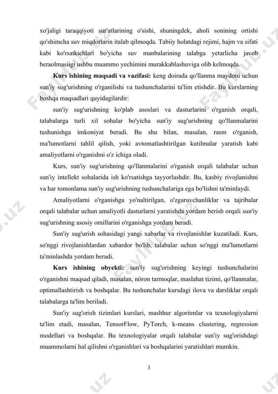 unchalariga ega bo'lishni ta'minlaydi. amaliyotlarni o'rganishga yo'naltirilgan, o'zgaruvchanliklar va tajribalar orqali talabalar uchun amaliyotli dasturlarni yaratishda yordam berish orqali sun'iy sug'urishning asosiy omillarini o'rganishga yordam beradi. sun'iy sug'urish sohasidagi yangi xabarlar va rivojlanishlar kuzatiladi. kurs, so'nggi rivojlanishlardan xabardor bo'lib, talabalar uchun so'nggi ma'lumotlarni ta'minlashda yordam beradi. kurs ishining obyekti: sun'iy sug'orishning keyingi tushunchalarini o'rganishni maqsad qiladi, masalan, nöron tarmoqlar, maslahat tizimi, qo'llanmalar, optimallashtirish va boshqalar. bu tushunchalar kursdagi ilova va darsliklar orqali talabalarga ta'lim beriladi. sun'iy sug'orish tizimlari kurslari, mashhur algoritmlar va texnologiyalarni ta'lim etadi, masalan, tensorflow, pytorch, k-means clustering, regression modellari va boshqalar. bu texnologiyalar orqali talabalar sun'iy sug'orishdagi muammolarni hal qilishni o'rganishlari va boshqalarini yaratishlari mumkin. i bob sun`iy sug’orishning asosiy turlari va ularning qo’llanish shartlari 1.1 sun`iy sug’orishning asosiy turlari va ularning qo’llanish shartlari. sug’orish - suv manbaidan keluvchi suv bilan tuproq’ni sun'iy ravishda namlashdan iboratdir. sug’oriladigan maydonda bog’lanaetgan suvni taqsimlash usullariga sug’orish usullari deyiladi. sug’orish usullariga …