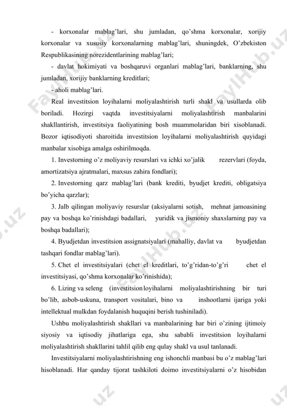 h korxonani rivojlanganligi va uning yaxshi moliyaviy holatini bildiradi va yana raqobatchilardan ma’lum bir ustunlikka ega bo’ladi, boshqa korxonalarda bunday imkonyat bo’lmasligi mumkin. har qanday tijorat tashkilotining asosiy o’z-o’zini moliyalashtirish manbai bu, asosan, sof foyda va amartizatsiya ajratmasi xisoblanadi. 1) "foyda investitsiyalarni moliyalashtirish manbai sifatida". bozor iqtisodiyoti sharoitida korxonaning asosiy maqsadi, bu maksimal foyda olishdir. u korxona faoliyatining asosiy moliyaviy natijasi xisoblanadi. korxonaning balans foydasi (fb) quyidagi tarkibiy qismlardan tashkil topadi: fb= fs+fm+(db-xb) bu yerda, fs-mahsulot (ish, xizmat) sotishdan tushgan foyda, fm-korxona mulkini sotishdan tushgan foyda db.-boshqa operatsiyalardan tushgan daromad, xb.-boshqa operatsiyalar bo’yicha xarajatlar. yalpi foyda-foyda solig’i olish uchun soliq to’lanadigan baza xisoblanadi. korxonani o’z ixtiyorida qoladigan foyda, ya’ni sof foyda (fs) qiziqtiradi va quyidagicha teng bo’ladi: fs=fb-sf bu yerda, fb-balans foyda sf-foyda solig’i va boshqa majburiy to’lovlar. zamonaviy sharoitida korxona o’z ixtiyorida qoladigan foydani o’zi mustaqil taqsimlaydi va bu erda shunday savol kelib chiqadi, bu foydani qanday qilib eng …