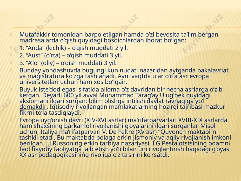 malakali kadrlar tayyorlash bo’yicha milliy tizimni yaratish hisoblanadi. ta’lim mazmunida quyidagi ikki jihat ko’zga tashlanadi: milliylik va umuminsoniylik. o’zbekiston respublikasining ta’lim to’g’risidagi qonuni va kadrlar tayyorlash milliy dasturining qabul qilinishi 1997 yilda o’zbekiston respublikasi oliy majlisi xi sessiyasida o’zbekiston respublikasining “ta’lim to’g’risida”gi qonuni va “kadrlar tayyorlash milliy dasturi”ning qabul qilinishi ta’lim tizimini rivojlantirishda yangi bosqich bo’ldi. davlat ta’lim standartlari talablaridan kelib chiqib ta’lim dasturlarining yangi avlodi ishlab chiqildi. kurslarni integratsiyalashtirish ta’limning yangi mazmunini ishlab chiqishga qaratilgan yana bir g’oya o’quvchilarda dunyoni yaxlit tasavvur qilish layoqatini rivojlantirishda umumlashtiruvchi, dunyoqarashni shakllantirish imkonini beruvchi integrativ fanlarni yaratish muhim ahamiyat kasb etadi. yangi yagona (tayanch) o’quv rejasida integratsiyalash hisobiga o’quv fanlari soni kamaytirildi, soatlarning umumiy hajmi ixchamlashtirildi. xususan, “tarix” fani umumiy tarix va o’zbekiston xalqlari tarixiga asoslanadi. standartlashtirish – bu majburiy o’quv fanlari to’plamini soatlari aniq belgilangan hajmini belgilash. ta’lim standartlari yordamida ta’lim muassasalarida o’quv ishlarining normativlari moslashtiriladi, o’quvchilar bilimlarini baholashning yagona mezonlari ishlab …
