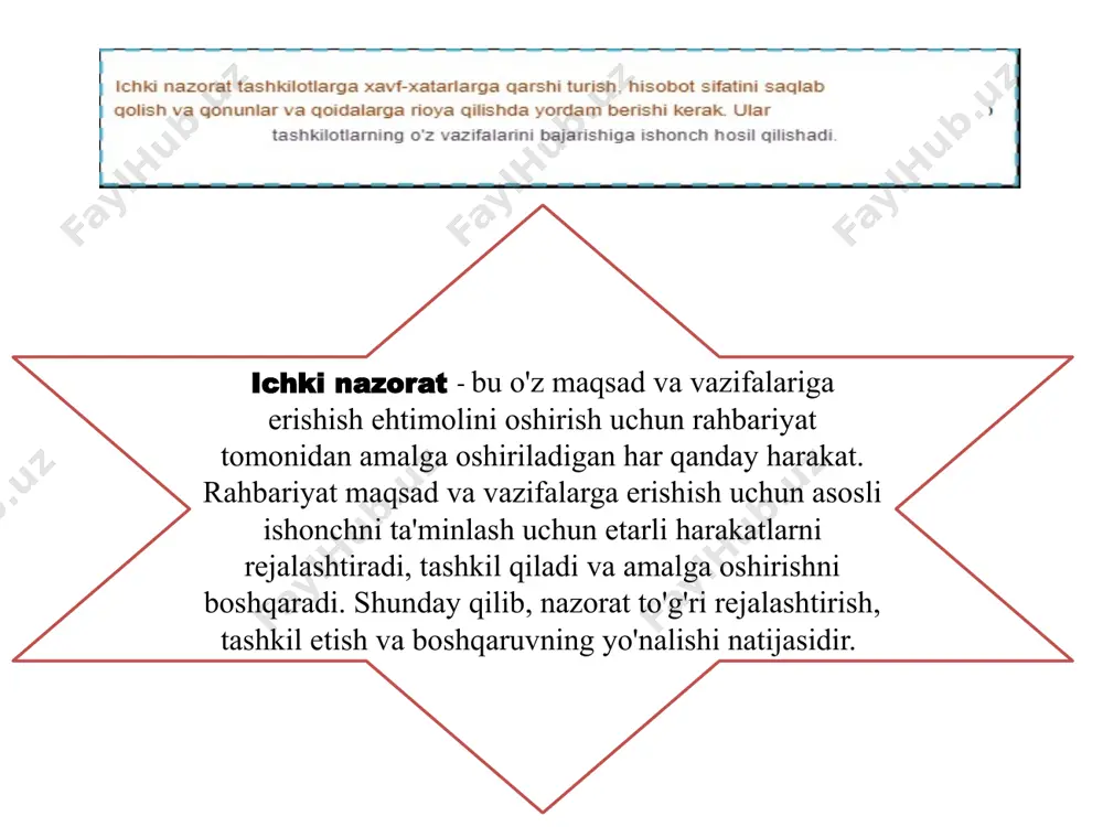 ki tekshirish tashqi audit sabab ichki audit - bu qiymat qo'shish va tashkilot faoliyatini yaxshilashga qaratilgan faoliyat. tashqi audit auditorlarga moliyaviy hisobotlar yuzasidan fikr bildirish imkonini beruvchi mashqdir. hisobot ichki audit direktorlar kengashiga yoki boshqaruv vakolatiga ega bo'lgan boshqa shaxslarga, masalan, audit qo'mitasiga hisobot beradi. tashqi auditorlar aktsiyadorlar yoki kompaniya a'zolariga direktorlarning etakchilik roli to'g'risida hisobot beradilar. bog'liq bo'lgan ichki auditning ishi tashkilot faoliyati bilan bog'liq. tashqi audit ishi moliyaviy hisobot bilan bog'liq. ularni asosiy moliyaviy hisobotlar qiziqtiradi. kompaniya bilan munosabatlar ichki auditorlar ko'pincha tashkilot xodimlaridir, garchi ba'zida ichki audit funktsiyasi autsorsingga topshiriladi. tashqi auditorlar kompaniya va uning rahbariyatidan mustaqildir. ular aktsiyadorlar tomonidan tayinlanadi. ichki audit - bu boshqaruv nazorati, chunki boshqa ichki nazoratning qoniqarli ishlashini ta'minlash uchun foydalaniladigan vositadir. audit izi - bu kompyuter tizimiga kimning ruxsati borligi va ular qanday operatsiyalarni bajarganligini ko'rsatadigan yozuv. audit jurnallari xavfsizlikni ta'minlash va yo'qolgan tranzaksiyalarni tiklash uchun foydalidir. buxgalteriya hisobi dasturiy ta'minot …