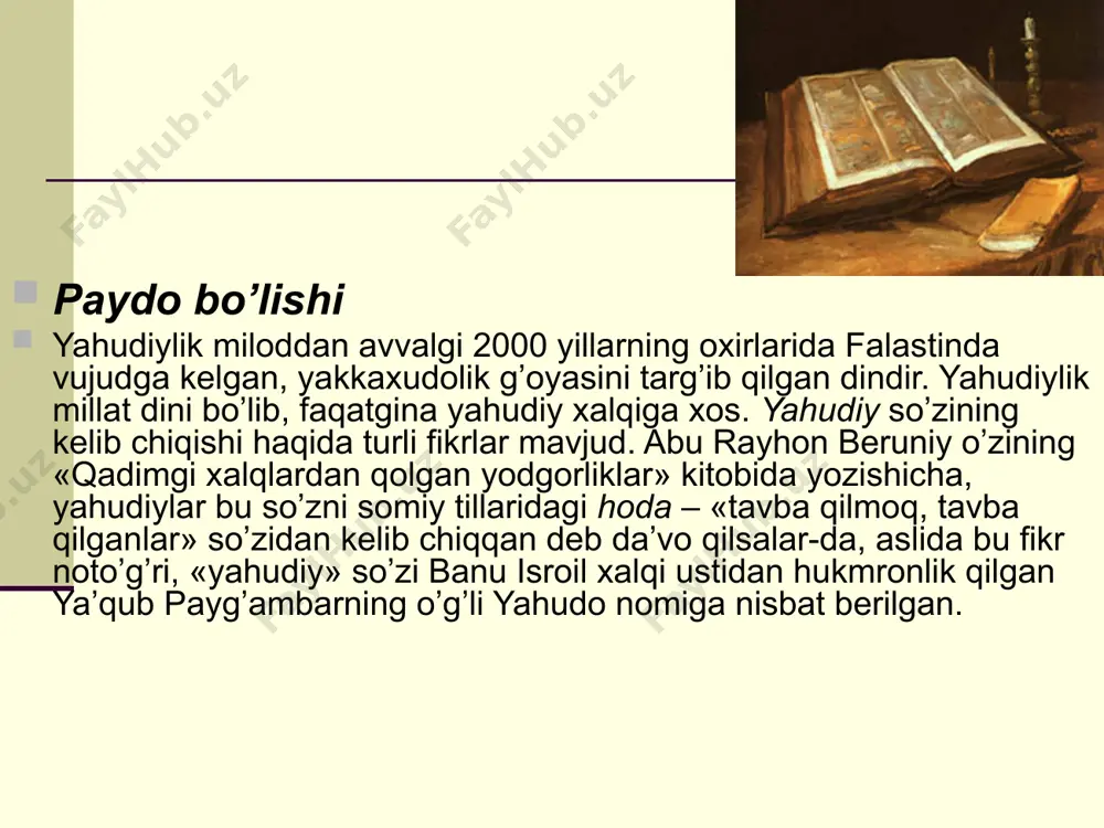 zm kiradi. yahudiy marosimlari va bayramlari. yahudiylar o’zlarining yahvega nisbatan sodiq ekanliklarini isbotlash uchun bir necha rasm-rusumlarni ijro etadilar. ular yillik va kunlik ibodatlardan, bayramlardan, marosimlardan iborat. ibodat uyda ham sinagogada ham birday olib boriladi. yahudiylar sinagogasining sharqiy tomonida toraning nusxalari saqlanadigan sandiq va ravvin uchun minbar qo’yilgan. ayollar erkaklardan alohida ibodat qiladilar. sinagogada ibodat xor shaklida olib boriladi. yahudiy marosimlari va bayramlari. yahudiylar o’zlarining yahvega nisbatan sodiq ekanliklarini isbotlash uchun bir necha rasm-rusumlarni ijro etadilar. ular yillik va kunlik ibodatlardan, bayramlardan, marosimlardan iborat. ibodat uyda ham sinagogada ham birday olib boriladi. yahudiylar sinagogasining sharqiy tomonida toraning nusxalari saqlanadigan sandiq va ravvin uchun minbar qo’yilgan. ayollar erkaklardan alohida ibodat qiladilar. sinagogada ibodat xor shaklida olib boriladi. o’rta osiyodagi yahudiylar. ma’lumki, yahudiylar o’rta osiyoga qadim zamonlardan ko’chib kelganlar. ularning bu kelishlari haqida turli xil rivoyatlar mavjud. ularning ichida umum e’tirof etilganlaridan biri shuki, yahudiylar bu mintaqaga eron orqali kirib kelganlar. bu …
