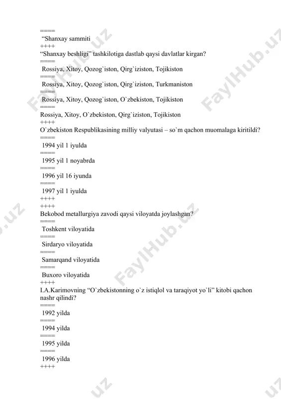 il 23 iyunda ==== 1990 yil 24 martda ==== 1990 yil 20 iyunda ==== 1986 yil 23 iyulda ++++ milllatlararo hamjihatlikni asrash yo`llari: ==== millatlararo odilona milliy davlat siyosatini yuritish ==== milliy o`zlikni anglashga yo`l bermaslik ==== o`zbek millatinigina ijtimoiy-iqtisodiy, siyosiy, ma`naviy-axloqiy rivojlantirish ==== milliy o`zlikni anglashga yo`l bermaslik, siyosiy, ma`naviy-axloqiy rivojlantirish ++++ o`zbekiston tarixida birinchi marta prezidentlik lavozimi joriy qilindi. ==== 1990 yil 24 martda ==== 1989 yil 23 iyunda ==== 1991 yil 20 iyunda ==== 1991 yil 15 fevralda ++++ “o`zbekiston tarixi” fanini o`rganishda qanday tamoyillarga rioya qilish kerak? ==== ilmiylik, tarixiylik, haqqoniylik ==== tarixiylik, insoniylik, rostgo`ylik ==== izchillik, odamiylik, davriylik ==== rostgo`ylik, ilmiylik, izchillik ++++ o`zbekistonning mustaqillik sari tashlangan dastlabki qadami qaysi voqeadan boshlanadi? ==== 1989 yil 21 oktyabrda «o`zbekiston ssrning davlat tili haqida»gi qonunining qabul qilishdan ==== 1990 yil 20 iyunda “mustaqillik dekalaratsiyasini” qabul qilishdan ==== 1991 yil 31 avgust «o`zbekistron respublikasi davlat mustaqilligining asoslari to`g`risida»gi …