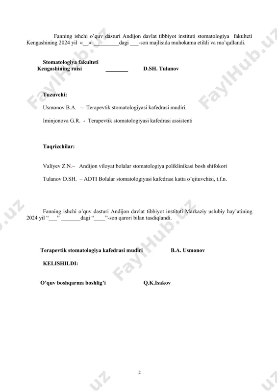 ektor tomonidan tasdiqlangan 2018 rossiya xalqlar do’stligi universiteti ilmiy kengashi tomonidan 26.05.2015 yilda tasdiqlangan «31.08.73 – terapevtik stomatologiya » mutaxassisligi bo’yicha oliy ma’lumotli kadrlar tayyorlashning asosiy ta’lim dasturi. n.i.pirogov nomidagi rossiya milliy tadqiqotlar tibbiyot universiteti dekani tomonidan 15.02.2016 yil tasdiqlangan ordinaturada oliy ma’lumotli kadrlar tayyorlashning «31.08.73 – terapevtik stomatologiya » mutaxassisligi bo’yicha ishchi dasturi. irkutsk davlat tibbiyot universiteti davolash ishlari va diplomdan keyingi ta’lim prorektori tomonidan 25.05.2015 yilda tasdiqlangan «31.08.73 – terapevtik stomatologiya» mutaxassisligi bo’yicha ordinatura uchun ishchi dasturi. v.i.vernadskiy nomidagi krim federal universiteti s.i.georgiyevskiy nomidagi tibbiyot akademiyasi o’quv ishlari va uslubiy faoliyat bo’yicha prorektori tomonidan 12.02.2015 yilda tasdiqlangan «31.08.73 – terapevtik stomatologiya» mutaxassisligi bo’yicha ordinatura uchun ishchi dasturi. v.i.vernadskiy nomidagi qrim federal universiteti s.i.georgiyevskiy nomidagi tibbiyot akademiyasi o’quv ishlari va uslubiy faoliyat bo’yicha prorektori tomonidan 9.02.2016 yilda tasdiqlangan «31.08.77 – og’iz bo’shlig’i shilliq pardasi kassaliklari va parodont kasalliklari» fani bo’yicha ishchi dasturi. kazan (privoljskiy) federal universitetning prof.tayurskiy d.a. tomonidan …