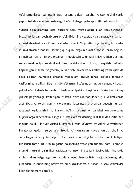 ni ma’lum bir tizim (sistema) asosida joylashtirish ustida olimlar uzoq yillar mobaynida tadqiqot ishlari olib borganlar va o'zlarining klassifikatsiyalarini ishlab chiqqanlar. o'simliklar sistemasini ilk bor tavsiya etgan botaniklardan biri italiyalik botanik a. zezalpin (1519— 1603) bo'lib,u o'simliklarni asosan mevasiga qarab 15 sinfga ajratgan. k.linney esa o'simliklarni mevasiga emas, guliga (ayniqsa, changchilarining tuzilishiga) qarab 23 sinfga, gulsizlarni bir sinfga kiritib, o'zining 24 sinfdan iborat sistemasini yaratdi. vaqt o'tishi bilan o'simliklar, shu jumladan gulli o'simliklar sistemasiga bag'ishlab ko'plab asarlar nashr etildi va yangi sistcmalar tavsiya etila boshlandi. bu borada a.engler, n.i.kuznetsov, n.a. bush, a.a.grossgeym, x.y. gobi, b.m. kozopolyanskiy, a.l.taxtadjyan kabilarning olib borgan ishlari diqqatga sazovordir. hozirda yuksak o'simliklar dunyochasi (kichik dunyosi) 300 000 dan ortiq turni o'z ichiga oluvchi 9 ta bo'limga ajratiladi. 1. riniyatoifalar — rhyniophyta 2. zosterofiltoifalar — zosterophyllophyta 3. yo'sintoifalar — bryophyta 4. plauntoifalar — lycopodiophyta 5. psilottoifalar — psilotophyta 6. qirqbo‘g ‘imtoifalar — equisetophyta 7. qirqquloqtoifalar — polypodiophyta …