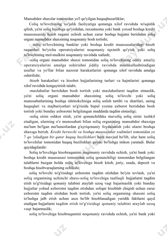 of ravishda to'sqinlik qilish, ya'ni soliq hisobiga qo'yishdan, ruxsatnoma yoki bank yoxud boshqa kredit muassasasida hisob raqami ochish uchun zarur boshqa hujjatni berishdan soliq organi mansabdor shaxsining noqonuniy bosh tortishi; - soliq to'lovchining banklar yoki boshqa kredit muassasalaridagi hisob raqamlari bo'yicha operatsiyalarini noqonuniy tqxtatib qo'yish yoki soliq to'lovchining mol-mulkini noqonuniy ravishda xatlash; -soliq organi mansabdor shaxsi tomonidan soliq to'lovchining oddiy amaliy operatsiyalarini amalga oshirishni jiddiy ravishda mushkullashtiradigan usullar va yo'llar bilan nazorat harakatlarini qonunga xilof ravishda amalga oshirilishi; -hisob harakatlari va hisobot hujjatlarining turlari va hajmlarini qonunga xilof ravishda kengaytirish talabi; -maslahatlar berishdan bosh tortish yoki maslahatlarni taqdim etmaslik, ya'ni soliq organi mansabdor shaxsining soliq to'lovchi yoki soliq munosabatlarining boshqa ishtirokchisiga soliq solish tartibi va shartlari, uning huquqlari va majburiyatlari to'g'risida bepul yozma axborot berishdan bosh tortish yoki bunday axborotni belgilangan muddatda taqdim etmasligi; -soliq sirini oshkor etish, ya'ni qonunchilikka muvofiq soliq sirini tashkil etadigan, ularning o'z munosabati bilan soliq …