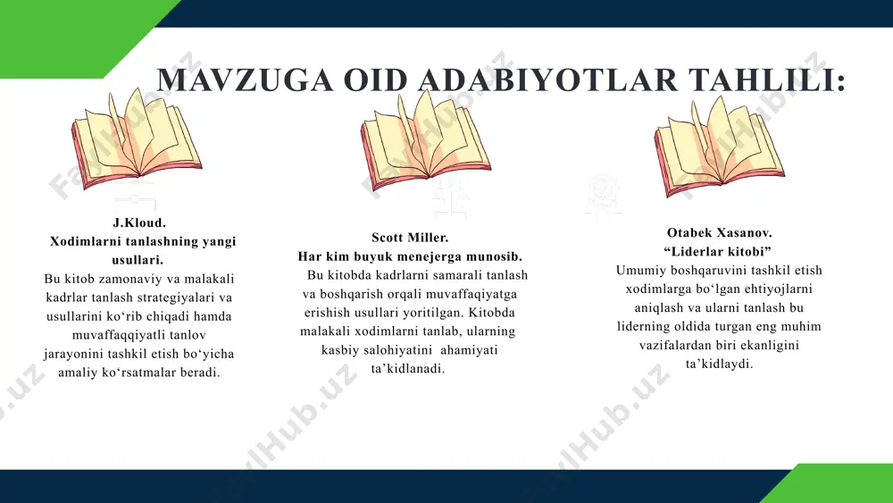 ehnat qiladigan boshqa maktab o‘qituvchilarining jalb etilmasligi boshqa ta’lim muassasasida faoliyat yuritadigan salohiyatli kadrlarni jalb etish ya’ni, “oltinboshlilar”-“headhunting”ni ovlash; ma’naviy rag‘batlantirishga qaratilgan motivatsion dasturlarni yo‘lga qo‘yish. maktab rahbari o‘quv yili davomida maktabga ushbu mexanizm orqali salohiyatli kadrlar jalb qilinadi, ta’lim sifati ko‘tariladi 12 e’tiboringiz uchun rahmat. image4.png image5.png image6.png image7.png image8.png image9.png image10.jpeg image11.jpeg image12.jpeg image13.png image14.png image15.png image16.gif image17.png image18.png image19.png image20.jpeg image21.jpeg image22.png image23.png image24.png image25.jpeg image26.png