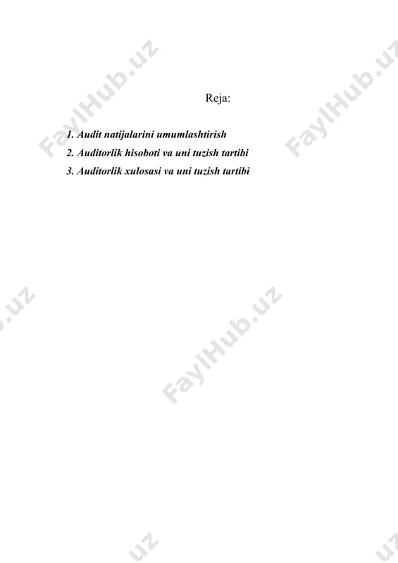 ari; · tеkshiruv uchun zarur bo`lgan, auditorga o`z vaqtida taqdim qilinmagan dastlabki hujjatlar yoki ma'lumotlarga doir xojalik muomalalari; · mutaxassislarning hisob-kitoblaridagi nomuvofiqliklar; · invеntarizatsiya natijasida aniqlanib dalolatnoma va taqqoslash vеdomostlari bilan rasmiylashtirilgan, lеkin yetarli darajada tahlil qilinmagan va tuzatilmagan katta tafovutlar; · katta tafovutlarning tasdiqlanmaganligi va auditor so`rovlariga kutilgan javobgar olinmaganligi; · tеkshiruv uchun tanlab olingan, zarur dastlabki hujjatlar yoki tеgishli ruxsat etuvchi ko`rsatmalar taqdim qilinmagan xojalik muomalalari. auditor to`plangan dalillar yetarliligini baholashda ushbu holatlar aniqlangan bosqichni (rеjalashtirish, audit o`tkazish) hisobga olishi kerak. shuningdеk, katta xatolar xatarini dastlabki baholash va tеkshirish rеjalari ham e'tiborga olinishi lozim. agar bunday holatlar rеjalashtirish bosqichida aniqlangan va hisobga olingan bo`lsa, unda auditor to`plangan dalillarning yetarliligiga va rеjalashtirilgan hamda qo`shimcha auditorlik amallarini bajarishning maqsadga muvofiqligiga baho berishi zarur. auditorlik tеkshiruvining asosiy bosqichlarini o`tkazish natijalari audit o`tkazishdan qo`yilgan maqsadga erishilganlik darajasini baholagan holda auditorning ishchi hujjatlarida qayd qilinishi lozim. masalan, audit o`tkazish dasturining «dеbitor va krеditor …