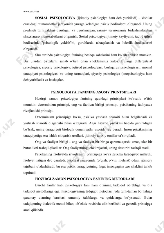 hi bilan o`zgaradi. agar hayvon psixikasi haqida gapiradigan bo`lsak, uning taraqqiyoti biologik qonuniyatlar asosida ruy beradi. inson psixikasining taraqqiyotiga esa ishlab chiqarish usullari, ijtimoiy tarixiy omillar ta`sir qiladi. ong va faoliyat birligi - ong va faoliyat bir-biriga qarama-qarshi emas, ular bir butunlikni tashqil qiladilar. ong faoliyatning ichki rejasini, uning dasturini tashqil etadi. psixikaning faoliyatda rivojlanishi printsipiga ko`ra psixika taraqqiyot mahsuli, faoliyat natijasi deb qaraladi. faoliyat jarayonida (o`qish, o`yin, mehnat) odam ijtimoiy tajribani o`zlashtiradi, bu esa psixik taraqqiyotning faqat insongagina xos shaklini tarkib toptiradi. hozirgi zamon psixologiya fanining metodlari barcha fanlar kabi psixologiya fani ham o`zining tadqiqot ob`ektiga va o`z tadqiqot metodlariga ega. psixologiyaning tadqiqot metodlari juda turli-tuman bo`lishiga qaramay ularning barchasi umumiy talablarga va qoidalarga bo`ysunadi. bular tadqiqotning dialektik metod bilan, ob`ektiv ravishda olib borilishi va genetik printsipga amal qilishdir. dialektik metodga ko`ra barcha psixik hodisalarni o`zgarishda va shu psixik hodisa bilan bog`liq bo`lgan boshqa narsa va hodisalarga bog`lab o`rganilishi …