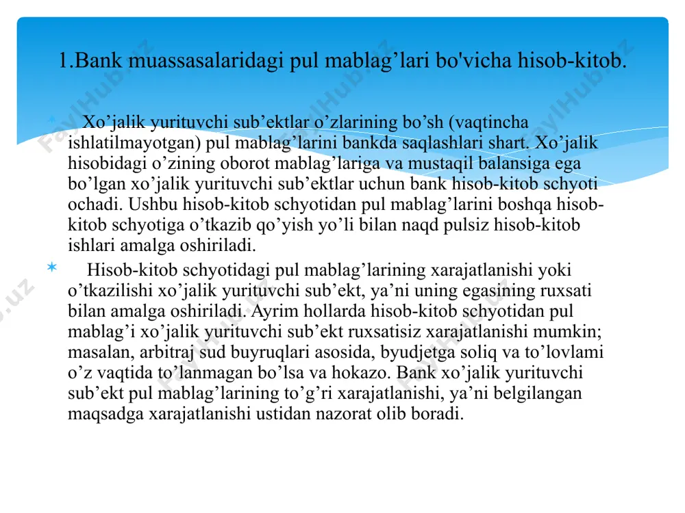 ifodalangan qarz majburiyatlari; qimmatbaho metallar (oltin, kumush va boshqalar). “xo’jalik yurituvchi sub’ektlaming maxsus schyotlaridagi pul muomalalari buxgalteriya hisobi 5500-“banklardagi maxsus schyotlar” hisobvarag’ida yuritiladi. mazkur schyot mamlakatimiz hududida va undan tashqarida akkreditivlar, chek daftarchalari, boshqa to’lov hujjatlari ko’rinishida (veksellardan tashqari), joriy, alohida va boshqa maxsus schyotlarda turgan milliy hamda xorijiy valyutadagi pul mablag’lari va ulaming harakati to’g’risidagi, shuningdek, aniq maqsadlar uchun moliyalash mablag’lari (tushumlari) ning alohida saqlanadigan qismi harakati haqidagi ma’lumotlami umumlashtirishga rno’l jallangan. xo’jalik yurituvchi sub’ektning valyuta mablag’lari banklaming tranzit va joriy valyuta schyotlarida saqlanishi lozim. tranzit valyuta schyotida chet el valyutasida kelib tushgan mablag’lami o’tkazish bilan bog’liq operatsiyalar hisobi yuritiladi. 3.bankdagi maxsus, akkredetiv, chek daftarlari va boshqa maxsus schyotlar hisobi joriy valyuta schyoti esa chet el valyutasi tushumining bir qismini majburiy sotishdan keyin xo’jalik yurituvchi sub’ekt ixtiyorida qoladigan mablag’ni hisobga olishga mo’ljallangan. 5500 - “banklardagi maxsus schyotlar” schyot tarkibida quyidagi ilova schyotlar ochilishi mumkin: 5510 - “akkreditivlar”; 5520 - …