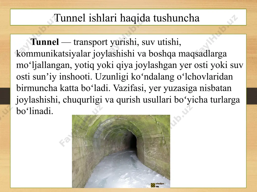 ik inshootlari qurilishida jinslarni qazishning tog‘ usuli keng tarqalgan bo‘lib amaliyotda o‘rtacha 95 foizni tashkil etadi. bu usulda tog‘ jinslarini yumshatish otboy bolg‘asi va portlatishlar bilan amalga oshiriladi, vaqtinchalik va doimiy mahkamlash bajariladi. mexanizatsiyalashgan usul bilan o‘tishda jinslar tog‘ kombayni, issiqlik nuri, suv (gidromonitor) va boshqa metodlar bilan qaziladi. mustahkam, kam yoriqli jinsli joylarda tunnelni mustahkamlagichlarsiz yoki yengil mustahkamlagichlar bilan qurish mumkin. mustahkamlagichlar (krep) ankerli, sepiladigan beton va kombinatsiyalashgan bo‘ladi. xulosa husanxo’jayev o’, davronov g’ “gidrotexnika ishlarini bajarish” toshkent 2014 y www.stroyka.net www.ziyonet.uz/library foydalanilgan adabiyotlar image5.png image6.png image7.jpg image8.jpg image9.png image10.png image11.jpg image12.jpeg image3.png image4.png