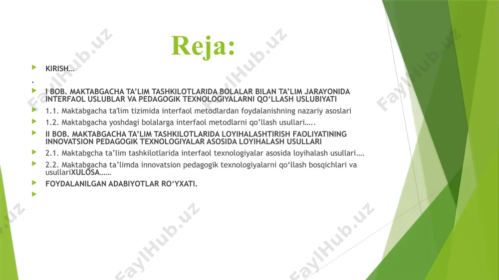 mini tubdan takomillashtirish chora-tadbirlari to‘g‘risida"gi farmoni hamda 2019-yil 16-dekabrdagi "maktabgacha ta’lim tizimini yanada rivojlantirish chora-tadbirlari to‘g‘risida"gi qarori ushbu sohani sifat jihatdan yangi bosqichga olib chiqishga qaratilgan. o‘zbekiston respublikasi prezidentining 2017-yil 9-sentabrdagi "maktabgacha ta’lim tizimini tubdan takomillashtirish chora-tadbirlari to‘g‘risida"gi farmoni. o‘zbekiston respublikasi prezidentining 2019-yil 16-dekabrdagi "maktabgacha ta’lim tizimini yanada rivojlantirish chora-tadbirlari to‘g‘risida"gi qarori. kurs ishining maqsadi: maktabgacha ta’lim tizimida interfaol usullardan samarali foydalanish imkoniyatlarini o‘rganish. kurs ishining obekti: maktabgacha ta’lim jarayonida interfaol o‘qitish usullaridan foydalanishning nazariy va amaliy jihatlari. kurs ishining predmeti: maktabgacha ta’lim tashkilotlarida olib boriladigan ta’lim jarayoni. 4 kurs ishining vazifalari: maktabgacha ta’lim tizimida interfaol o‘qitish metodlarining nazariy asoslarini o‘rganish. interfaol ta’lim usullarining pedagogik jarayondagi o‘rnini tahlil qilish. maktabgacha yoshdagi bolalar uchun eng samarali interfaol metodlarni aniqlash va ularning o‘ziga xos jihatlarini bayon etish. interfaol usullarni amaliyotga joriy qilish bo‘yicha ilg‘or tajribalarni o‘rganish. bob. maktabgacha ta’lim tashkilotlarida bolalar bilan ta’lim jarayonida interfaol uslublar va pedagogik texnologiyalarni qo‘llash uslubiyati 1.1. …