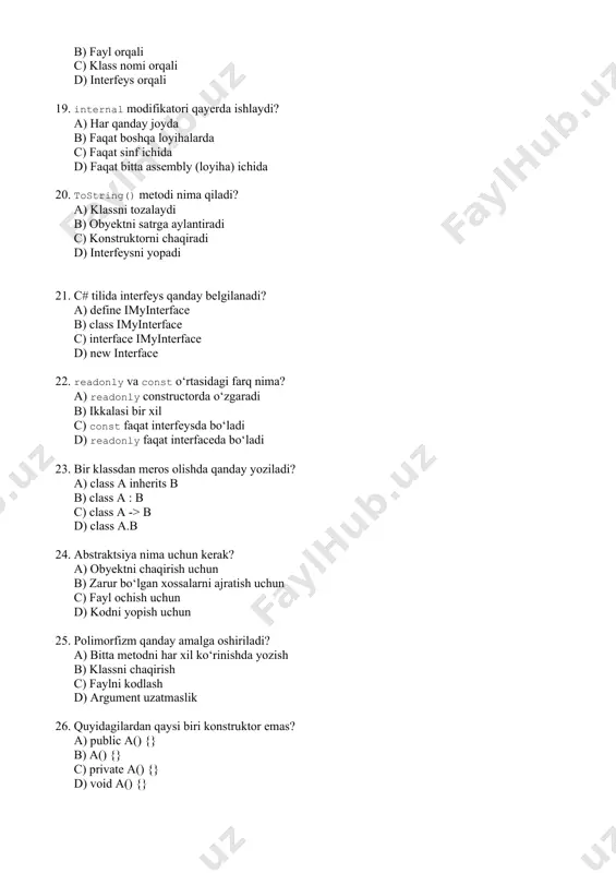 a sinflar va obyektlar — 30 ta test savol 1. sinf nima? a) faqat qiymat saqlovchi o‘zgaruvchi b) fayl formati c) ma'lumot va funksiyalarni birlashtiruvchi andoza d) faqat funktsiyalar majmuasi 2. obyekt nima? a) klassning nusxasi b) foydalanuvchi interfeysi c) kutubxona funksiyasi d) tip nomi 3. sinf qanday e’lon qilinadi? a) define myclass {} b) class myclass {} c) object myclass() d) create class myclass 4. obyekt qanday yaratiladi? a) myclass obj(); b) myclass obj = new myclass(); c) obj = myclass; d) new myclass obj(); 5. konstruktorning vazifasi nima? a) sinfni kompilatsiya qilish b) obyektni o‘chirish c) obyekt yaratishda ishga tushuvchi metod d) fayl yaratish 6. konstruktor qanday nomlanadi? a) klass nomi bilan bir xil b) constructor nomi bilan c) init() d) new() 7. obyekt qanday chaqiriladi? a) obj(); b) obj.create(); c) obj = class(); d) klassdan new yordamida yaratiladi 8. quyidagilardan qaysi biri konstruktor emas? a) public myclass() …