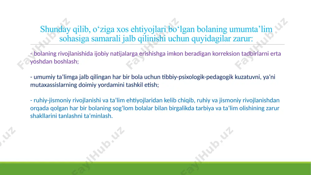 a bilan hamkorlikda bolalar ehtiyojlariga mos ta’lim rejalarini ishlab chiqish. 3. mutaxassislar bilan hamkorlik maxsus pedagoglar va logopedlar: darslarni moslashtirish va maxsus yordamni taqdim etish. psixologlar: o‘quvchilarni ijtimoiy-psixologik qo‘llab-quvvatlash va sinfdoshlari bilan integratsiyasini ta’minlash. reabilitatsiya mutaxassislari: jismoniy imkoniyati cheklangan bolalar uchun yordamchi texnologiyalar va reabilitatsiya xizmatlarini tashkil qilish. 4. jamoatchilik va nodavlat tashkilotlar bilan hamkorlik mahalliy hamjamiyat: maktab va jamiyat o‘rtasida ijobiy ijtimoiy muhitni shakllantirish. nodavlat tashkilotlar (nnt): nogironligi bo‘lgan bolalarni qo‘llab-quvvatlovchi dasturlarni moliyalashtirish va inklyuziv ta’lim bo‘yicha treninglarni tashkil qilish. xalqaro tashkilotlar: grantlar, texnik yordam va ilg‘or tajribalarni taqdim etish. 5. maktab jamoasi ichidagi hamkorlik o‘qituvchilar va yordamchi xodimlar: o‘quvchilarning ehtiyojlarini tushunish va ularni ta’minlash uchun birgalikda ishlash. rahbariyat va pedagoglar: ta’lim jarayonini boshqarish va nazorat qilishda yagona strategiyani amalga oshirish. sinfdoshlar va o‘quvchilar o‘rtasida hamkorlik: ijtimoiy integratsiya uchun guruhli loyihalar va tadbirlarni tashkil qilish. 6. ta’lim resurslari va texnologiyalarni rivojlantirish elektron ta’lim resurslari: nogironligi bo‘lgan o‘quvchilar uchun moslashtirilgan …