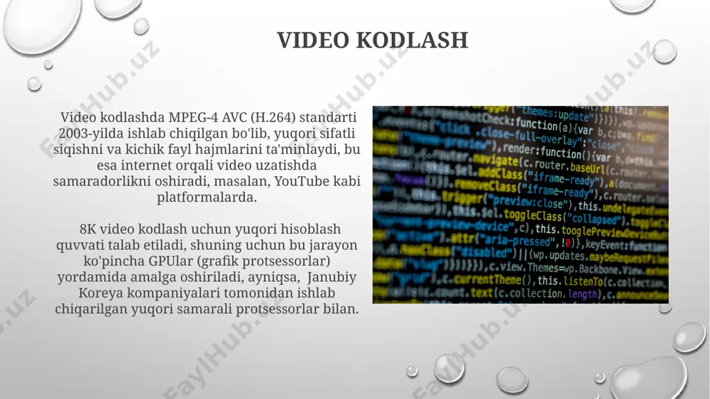 a devid huffman tomonidan taklif qilingan bo'lib, o'zgaruvchan uzunlikdagi kodlardan foydalanib, ingliz alifbosidagi harflar chastotasiga asoslangan holda ma'lumot hajmini kamaytiradi. rasmni kodlash расмни кодлашнинг векторли усули, мисол учун, svg форматида, расмни геометрик объектлар (чизиқлар, доиралар) сифатида тасвирлайди, бу эса расм сифатини йўқотмасдан уни катталаштириш имкониятини беради, масалан, бу усул логотипларни яратишда кенг қўлланилади. jpeg сиқиш алгоритми расмларни кодлашда самарали усул ҳисобланиб, унинг туфайли файл ҳажми камаяди, бу эса интернет орқали маълумотларни юбориш тезлигини оширади, масалан, 10 мб ҳажмли расмни 2 мб гача сиқиш мумкин. xatolikni tuzatish kodlari xatolikni tuzatish kodlari, masalan, hamming kodi, 7 ta bitdan foydalanib, 4 ta bitlik ma'lumotni 3 ta qo'shimcha tekshirish biti bilan himoya qiladi va bitta xatolikni aniqlay hamda tuzata oladi. bu kodlar raqamli aloqa tizimlarida, masalan, kosmik aloqada keng qo'llaniladi. reed-solomon kodlari kabi ilg'or xatolikni tuzatish kodlari, 1960-yillarda ixtiro qilingan bo'lib, cd va dvd kabi saqlash vositalarida, shuningdek, gsm standartlaridagi mobil aloqada ishlatiladi va …