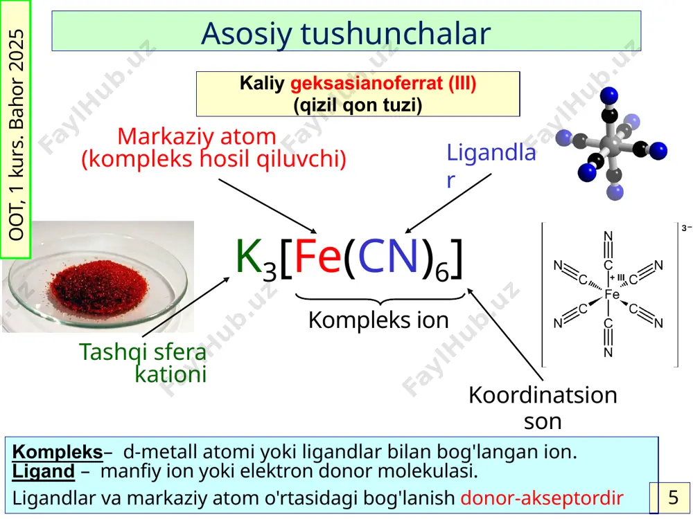 ; в) [cocl4]2; г) [ni(nh3)6]2+. quyidagi komplekslardagi metallarning oksidlanish darajalarini aniqlang: [cocl4]2, [fe(cn)6]3, [fe(bpy)3]3+, [co(h2o)6] 2+, [ni(en)3]2+, [cr(en)2f2]2+. nima uchun oktaedral kompleksdagi ti (iii) ioni faqat bitta elektron konfiguratsiyaga ega bo‘lishi mumkin? geometrik izomerlarni chizing : а) oktaedrik [mn(h2o)2(ox)2]2–; б) yassi kvadrat [nicl2(pme3)2]. 5. spektrokimyoviy qatordan foydalanib, quyidagi komplekslardagi taqsimlanmagan elektronlar sonini aniqlang: [co(nh3)6]3+; б) [fe(h2o)6]2+; в) [fe(cn)6]3; г) [w(co)6]; д) [fecl4]2 (tetraedrik) 27 oot, 1 kurs. bahor 2025 asosiy mavzu haqida qisqacha komplekslar -markaziy atom va ligandlarni (molekulalar yoki manfiy ionlar) o‘z ichiga olgan barqaror zarralardir. koordinatsion sonning tipik qiymatlari: 2, 4 va 6. murakkab zarrachalarning tipik geometriyasi: chiziqli (ks=2), kvadrat (ks=4), tetraedr (ks=4) yoki oktaedr (ks=6). turli ligandlarga ega komplekslar geometrik yoki optik izomeriyani namoyon qilishi mumkin. komplekslarning magnit va optik xossalari kompleksning geometriyasi va ligandlarning xossalari bilan belgilanadi. d-kichik darajaning bo‘linish kattaligiga ko‘ra, ligandlar spektrokimyoviy ketma-ketlikda joylashgan. eritmadagi komplekslarning barqarorligi, markaziy atomning ligandlar bilan bog‘lanish kuchi va …