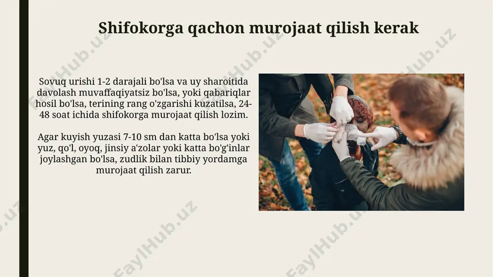 ganda, 1-10 shkala bo'yicha 7-10 ballgacha og'riq bo'lishi mumkin, bu asosiy belgidir. isitmada birinchi yordam harorat 38.5 darajadan yuqori boʻlsa, paratsetamol yoki ibuprofen kabi isitmani tushiruvchi dorilarni dozaga rioya qilgan holda bering. bolalar uchun sirop yoki shamchalardan foydalanish mumkin. harorat koʻtarilganda, xonaning haroratini 20-22 daraja selsiyda saqlash muhim. bemorni yengil kiyimda kiyintiring, qalin oʻrab tashlamang. e'tiboringiz uchun rahmat @taqdimot_robot image1.jpg image2.jpg image3.jpg image4.jpg image5.jpg image6.jpg image7.jpg image8.jpg image9.jpg image10.jpg image11.jpg image12.jpg image13.jpg image14.jpg image15.jpg image16.jpg image17.jpg