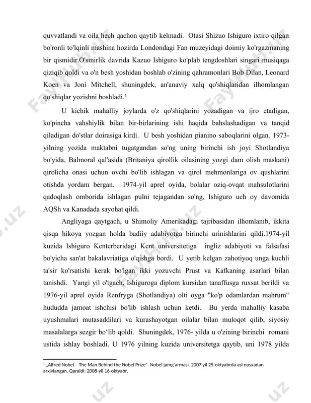 ing boshqa hech bir universitetida bunday diplom yo‘q edi. bu kichik kurs edi (yiliga o'rtacha uch yoki to'rt talaba) va taniqli professor va yozuvchi malkolm bredberi tomonidan boshqariladi. ishiguro kursga qabul qilindi va olti kishilik sinfning bir qismi edi - bu kursning o'n yillik tarixidagi eng kattasi. buyuk britaniyalik yozuvchi anjela karter o'sha paytda taniqli bo'lmagan, uning shaxsiy ustozi bo'lib, 1992-yilda 51 yoshida vafot etguniga qadar uning yaqin do'sti va maslahatchisi bo'lib qoldi.1979-yil oktabr oyida kelgan ueada ishlagan yil davomida ishiguro kichik adabiy jurnallarda qisqa hikoyalarini nashr eta boshladi. o'shanda uning uchta hikoyasi londonning faber va faber nashriyot uyi tomonidan bo'lajak faber “yangi yozuvchilarning hikoyalari” kitobiga kiritish uchun qabul qilingan. bu faber fantastik muharriri robert makkrum bilan muhim munosabatlarning boshlanishiga olib keldi, u ishiguroga shartnoma va o'sha paytda yozayotgan romani uchun avans berdi. "tepaliklarning xira ko'rinishi" romani 1982-yilda buyuk britaniya va aqshda nashr etilgan. u qirollik adabiyot jamiyati tomonidan winifred …