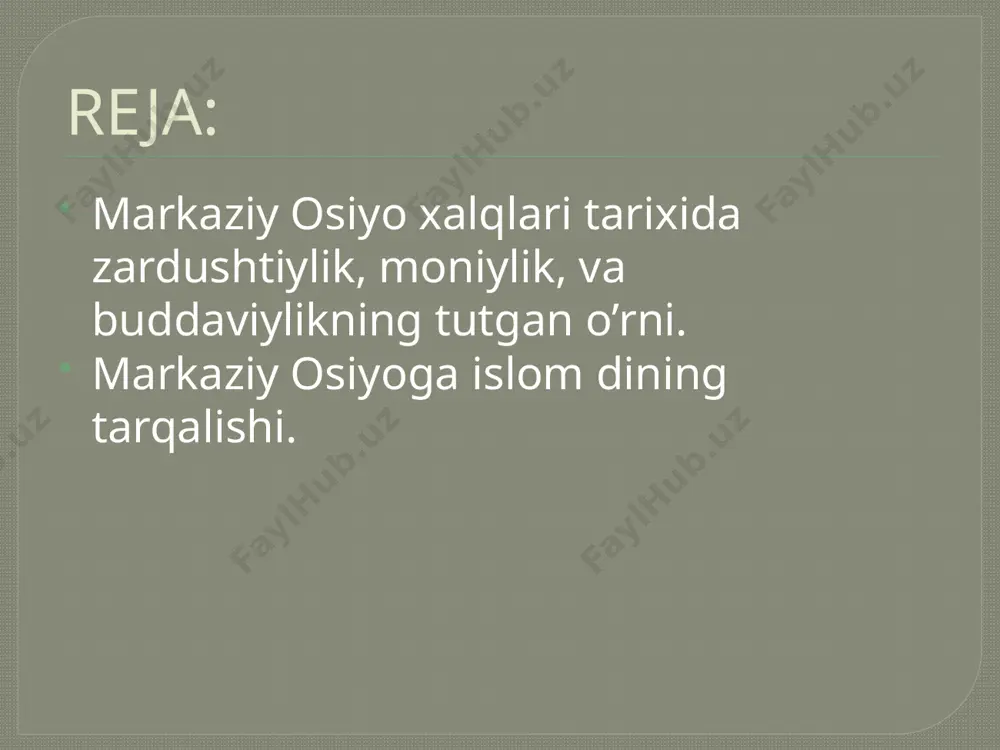 r, yaylov va suvlari bilan go'zal, chorvachilik uchun barcha narsa muhayyo, chuqur, suvga mo'l ko'llari bor, keng qirg'oqli va kema yurar daryolari o'z to'lqilarini iskata (skifiya), pauruta, mouru (marv), xareva (ariya) bava (sug'd hududida), xivayrizima (xorazm) mamlakatlari tomon elituvchi daryolari bor». shubhasiz, «keng qirg'oqli, kema yurar daryolar» bu amu va sirdaryo bo‘lib, avesto tasvirlagan mazkur shaharlar o'rta osiyo shaharlarining bu ikki daryo qirg'oqlarida joylashganlaridir. avestoning «yasht» qismida bayon etilishicha, zardushtning vatandoshlari unga ishonmaydilar va uning taʼlimotini qabul qilmaydilar. zardusht vatanni tark etib, qo'shni davlatga ketadi. zardushtiylik. zardushtiylik. markaziy osiyo xalqlari tarixida zardushtiylik, moniylik, va buddaviylikning tutgan o’rni. dualistik dinlarning eng yirigi bo‘lgan moniylikka surayk ibn fatak (216-276) tomonidan asos solingan. uning arabiylashtirilgan to‘liq nomi x-asr arab manbalarida moniy - surayk ibn fatak shaklida zikr qilingan. ushbu din qadimgi bobil dinlari, yahudiylik, xristianlik, buddaviylik va zardushtiylikning diniy ta’limotlari asosida vujudga kelgan. o‘z davrida moniylik g‘arbda rimgacha, sharqda xitoy va hindistongacha bo‘lgan …