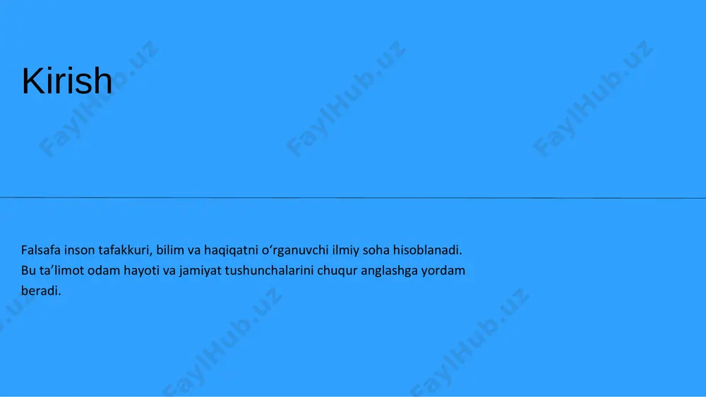 ologiya bilim qanday vujudga kelishini va uning asoslarini tahlil qiladi. insonni fikrlashga o‘rgatadi. hayot mazmunini anglashga yordam beradi. axloqiy qarorlar qabul qilishda yo‘l-yo‘riq bo‘ladi. jamiyat va madaniyat rivojlanishini tushuntiradi. fan va texnologiya taraqqiyotiga asos bo‘lib xizmat qiladi. falsafiy ta’limotning amaliy ahamiyati sharq falsafiy taʼlimotlari konfutsiychilik – axloq, tartib-intizom, jamiyatda uyg‘unlik. budda ta’limoti – ruhiy poklanish, nirvanaga erishish. islom falsafasi – ilohiyot, axloq, ilm va iymon uyg‘unligi (forobiy, ibn sino, g‘azzoliy). vedalar falsafasi – karma, samsara va moksha tushunchalari. antik falsafa – tabiat va inson haqidagi dastlabki qarashlar (sokrat, platon, aristotel). o‘rta asr falsafasi – ilohiyot va falsafa uyg‘unligi (avreliy avgustin, foma akvinskiy). uyg‘onish davri falsafasi – insonparvarlik, ilm-fanga tayanish (makiavelli, monten). yangi davr falsafasi – tajriba va aqlga tayanish (dekart, bekon, spinoza). hozirgi zamon falsafasi – ilmiy-texnik taraqqiyot, inson huquqlari, ekologiya, postmo dernizm. gʻarb falsafiy taʼlimotlari mashhur va zamonaviy falsafiy oqimlar zamonaviy falsafa ilmiy metod va zamonaviy tafakkur asosida rivojlanib, …