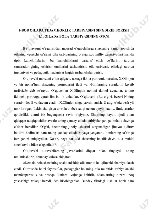 agina tarbiyalayman deb o‘ylamang. siz bolani turmushingizning har bir momentida, hattoki o‘zingiz uyda yo‘qligingizda ham tarbiyalaysiz. sizning qanday kiyinishingiz, boshqalar bilan va boshqalar haqida qanday gaplashishingiz, xursand bo‘lishingiz yoki tashvishlanishingiz, do‘st va dushmaningiz bilan qanday muomala qilishingiz, kulishingiz, gazeta o‘qishingiz – bular hammasi bola uchun katta ahamiyatga ega. gapingiz ohangi sal o‘zgarsa ham, bola buni darrov payqab oladi yoki sezadi, bola fikringizdagi hamma o‘zgarishlarni har xil yo‘l bilan bilib oladi, lekin o‘zingiz bundan bexabar bo‘lasiz. agar siz uyda qo‘pollik yoki maqtanchoqlik qilsangiz, yoki ichkilikka berilsangiz, undan ham yomoni – onani xaqorat qilsangiz – siz bolalaringizga nihoyatda katta zarar yetkazgan bo‘lasiz, ularga yomon tarbiya bergan bo‘lasiz va sizning bu nojo‘ya qiliqlaringizning oqibati juda yomon bo‘ladi. ota-onaning o‘ziga talabchan bo‘lishi, ota-onaning o‘z oilasini hurmat qilishi, ota-ona o‘zining har bir qadamini nazorat ostiga olishi lozim – tarbiyaning birinchi va eng asosiy metodi shudir!». o‘qituvchi: «bu parcha har bir oilada bo‘lishi va tez-tez o‘qib …