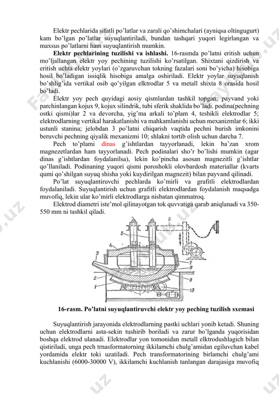 (induksion pechlar) yaratish va metallni yaxshi gazsizlantirish va qaytarish mumkin. elektr pechlarida sifatli po’latlar va zarali qo’shimchalari (ayniqsa oltingugurt) kam bo’lgan po’latlar suyuqlantiriladi, bundan tashqari yuqori legirlangan va maxsus po’latlarni ham suyuqlantirish mumkin. elektr pechlarining tuzilishi va ishlashi. 16-rasmda po’latni eritish uchun mo’ljallangan elektr yoy pechining tuzilishi ko’rsatilgan. shixtani qizdirish va eritish uchta elektr yoylari (o’zgaruvchan tokning fazalari soni bo’yicha) hisobiga hosil bo’ladigan issiqlik hisobiga amalga oshiriladi. elektr yoylar suyuqlanish bo’shlig’ida vertikal osib qo’yilgan elktrodlar 5 va metall shixta 8 orasida hosil bo’ladi. elektr yoy pech quyidagi aosiy qismlardan tashkil topgan: payvand yoki parchinlangan kojux 9, kojux silindrik, tubi sferik shaklida bo’ladi. podina(pechning ostki qismi)lar 2 va devorcha, yig’ma arkali to’plam 4, teshikli elektrodlar 5; elektrodlarning vertikal harakatlanishi va mahkamlanishi uchun mexanizmlar 6; ikki ustunli stanina; jelobdan 3 po’latni chiqarish vaqtida pechni burish imkonini beruvchi pechning qiyalik mexanizmi 10; shlakni tortib olish uchun darcha 7. pech to’plami dinas g’ishtlardan tayyorlanadi, …