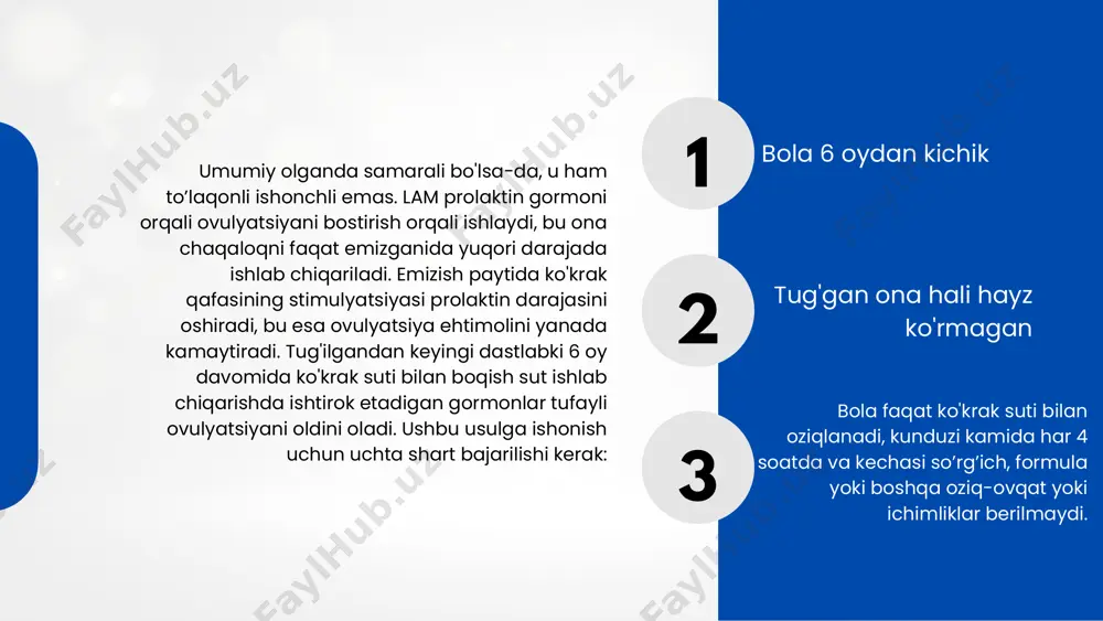 a 4-6 soatdan ko'proq yoki kechasi 6 soatdan ortiq) ovulyatsiyani davom ettirish uchun tanaga signal berishi mumkin. hayz ko'rishning yo'qligi (amenoreya) lam ishlayotganining yana bir ko'rsatkichidir. shunga qaramay, ba'zi ayollar tug'ruqdan keyingi 6 oydan oldin hayz ko'rish siklining qaytishini boshdan kechirishi mumkin, bu lam endi samarali emasligini ko'rsatadi. lam tabiiy kontratseptsiya usulini izlayotgan ayollar uchun mos tanlovdir va faqat yoki deyarli faqat emizishga bag'ishlangan. shunga qaramay, lam cheklovlaridan xabardor bo'lish juda muhim:lam boshqa kontratseptsiya usullari, masalan, tabletka yoki iud kabi samarali emas. lam jinsiy yo'l bilan yuqadigan infektsiyalardan (sti) himoya qilmaydi. lam barcha ayollar uchun, ayniqsa tug'ruqdan keyingi 6 oydan oldin hayz ko'rishni davom ettiradigan yoki faqat yoki deyarli faqat emizmaydigan ayollar uchun samarali bo'lmasligi mumkin. laktatsion amenoreya davomiyligi laktatsion amenoreya (la) tug'ilgandan keyin, birinchi navbatda, emizish tufayli hayz ko'rishning yo'qligini anglatadi. bu tabiiy kontratseptsiya usuli bo'lib xizmat qiladi, u aniq shartlar bajarilgan taqdirda, tug'ilgandan keyin olti oygacha samarali bo'lishi …