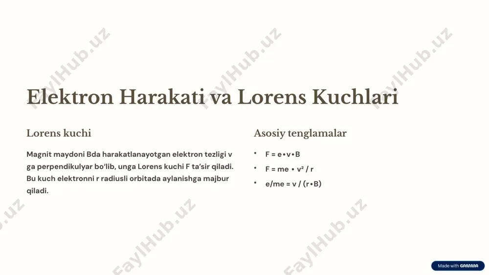piq orbita hosil qiladigan tokni toping. magnit maydonini kalibrovka qilish kalibrovka jarayoni gelmgolts g'altaklaridagi tokni 0 dan 3 a gacha 0.5 a qadam bilan oshirib, magnit maydonini o‘lchang va yozib oling. asboblar aksial b-probe va teslametr yordamida magnit maydonini aniq o‘lchash mumkin. o‘lchash natijalari va grafiklar natijalar tezlashtiruvchi potensial va tok kuchi o‘rtasidagi bog‘liqlik grafiklari chizildi. grafikning qiyaligi α=65,3 v/a² sifatida aniqlangan. hisoblashlar proportsionallik koeffitsienti k va elektronning solishtirma zaryadi e/me qiymatlari hisoblandi va taqqoslandi. elektronning solishtirma zaryadi hisoblash kalibrovka natijalariga asoslanib, k koeffitsienti 0.67 mt/a va 0.78 mt/a qiymatlari olingan. shunga ko‘ra, e/me qiymatlari 1.3∙10¹¹ dan 1.8∙10¹¹ as/kg gacha o‘zgaradi. eksperimental qiymat 1.76∙10¹¹ as/kg ga teng bo‘lib, nazariy va tajribiy natijalar bilan mos keladi. nazorat savollari va yakuniy fikrlar elektr maydonida zaryadlangan zarrachaga ta’sir qiluvchi kuch qanday aniqlanadi? magnit maydonda harakatlanayotgan zaryadga lorents kuchi qanday ta’sir qiladi? magnit kuchining yo‘nalishi qanday aniqlanadi? magnit maydonda zarracha qanday trayektoriya bo‘ylab harakatlanadi? …