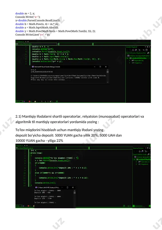 w list (n); list b = new list (n+1); random rnd=new random(); for (int i = 0; i 0) { k = i; break; } } console.writeline(); if(k!=-1) { k = 0; console.write("natija : "); for(int i=0;i<n;i++) { if (a[i] <= 0) b.add(a[i]); else { if(k==0) { b.add(a[i]); b.add(a[i]); k++; } } } for(int i=0;i<n+1;i++) { console.write(b[i] + " "); } } else { console.writeline("ro`yxatda musbat element yo`q !"); } 7.1) vazifaga muvofiq dastur yozing matnni o'z ichiga olgan belgilar qatori berilgan. so'zlar orasidagi chiziqda bo'sh joy o'rniga vergul va bo'sh joy qo'ying console.write("ixtiyoriy satr kiriting :"); string s=console.readline(); string s1 = ""; for(int i=0;i<s.length;i++) { if (s[i]==' ') { s1 += " , "; } else { s1 += s[i]; } } console.writeline("natija : "+s1); 7.2) topshiriq bo`yicha dastur tuzing. berilgan satrda har bir "*" belgisidan keyin " " belgisini qo'shing. console.write("ixtiyoriy satr kiriting :"); string s=console.readline(); string s1 …