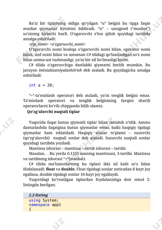 r bilan tanishib o’tdik. ammo dasturlashda faqatgina butun qiymatlar emas, balki haqiqiy tipdagi qiymatlar ham ishlatiladi. haqiqiy sonlar to’plami – suzuvchi (qo’zg’aluvchi) nuqtali sonlar deb ataladi. suzuvchi nuqtali sonlar quyidagi tartibda yoziladi. mantissa ishorasi – mantissa – tartib ishorasi – tartibi masalan, . bu yerda 0.1255 sonning mantissasi, 3-tartibi. mantissa va tartibning ishorasi “+”(musbat). c# tilida ma’lumotlarning bu tiplari ikki xil kalit so’z bilan ifodalanadi: float va double. float tipidagi sonlar xotiradan 8 bayt joy egallasa, double tipidagi sonlar 16-bayt joy egallaydi. yuqoridagi ko’rsatilgan tiplardan foydalanishga doir misol 2-listingda berilgan. 2.2-listing using system; namespace app1 { class program { public static void main() { console.writeline("farengeyt va selsiy shkalasi jadvali"); console.writeline("farengeyt selsiy"); int lower, upper, step; double fahr, cels; lower=0; upper=300; step=20; fahr=lower; while(fahr b; bunda c mantiqiy o’zgaruvchisi 1 (rost) ni qabul qiladi. chunki 20>5 mantiqiy ifoda natijasi rostdir. simvolli tiplar dasturlashda faqatgina sonli masalalar emas, balki simvollar bilan bog’liq …