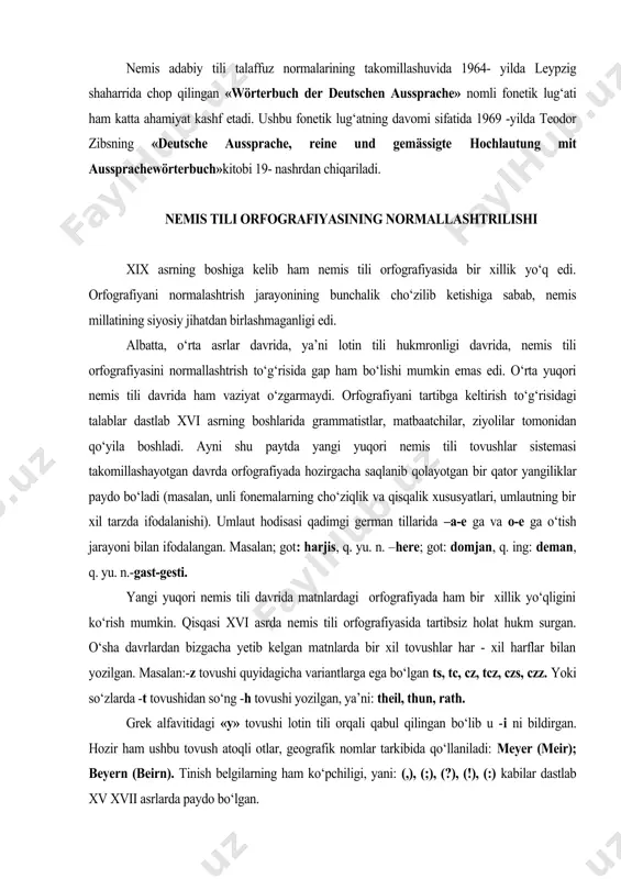 8- yilda «vollständige anweisung zur deutschen orthographie» asarini yozadi. 1871- yilda, ya’ni germaniya siyosiy jihatdan birlashtirilgandan keyin barcha uchun bir xil bo‘lgan orfografik normalarni ishlab chiqarish masalasi muhim ahamiyat kasb etadi. 1876- yilda germaniyada birinchi orfografik konferensiya chaqiriladi. uning natijalari k. duden tomonidan nashr qilinadi: «orthographisches wörterbuch der deutschen sprache» 1880. bu lo‘g‘at orfografiyani tartibga keltirishda muhim rol o‘ynaydi. 1954- yilda shtutgart shahrida germaniya, avstriya, shvetsariya va lyuksemburg mamlakatlaridan kelgan mutaxasislar ishtirokida orfografiyani isloh qilish maqsadida anjuman o‘tkaziladi. anjumanda muhokama qilingan materiallar «stutqarter empfehlungen» nomi bilan chop qilinadi. anjuman ishtirokchilari bir masala bo‘yicha o‘zaro kelisholmaydi, u ham bo’lsa otlarning bosh harf bilan yozilishi edi. nemis tili dialektlari ma’lumki germaniya territoriyasida mayda mustaqil davlatlar ancha vaqtgacha saqlanib kelingan. germaniyaning milliy va siyosiy jihatdan birlashish jarayoni ham ancha kech, ya’ni xix asrning ikkinchi yarmida amalga oshadi. shu sababli ham bu yerda dialektlar mustahkam o‘rnashib oladi. dialektlarning ko‘p bo‘lishi ham aholining ko‘pchilik qismini …