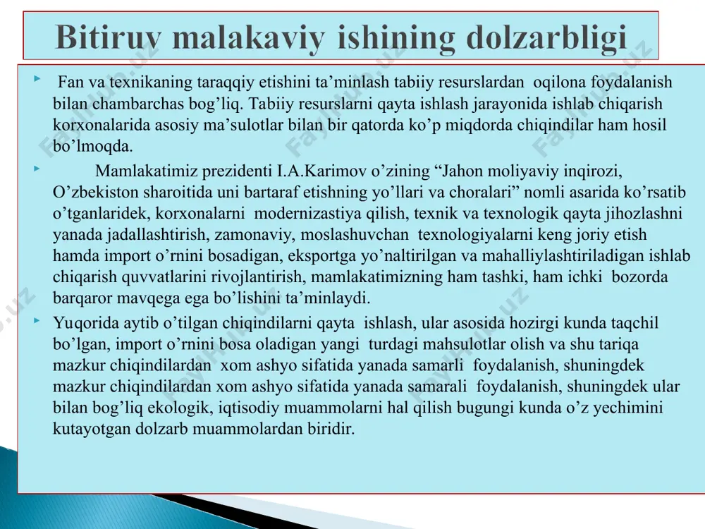 ayonini o’rganish shu asosida gossipol smolasidan neft’gudroni o’rnini bosadigan yangi turdagi gudronsimon kompozitsiyalar olishning texnologiyalarini ishlab chiqish va amaliyotga tadbiq etish; * mahsulotlarning tajriba sanoat namunalarini ishlab chiqarish va sanoat ob’ektlarida sinovlardan o’tkazish; * gossipol smolasi va gudron kabi chiqindilar tarkibida karboksil, gidroksil, feno guruhlar mavjud va ular korroziya mahsulotlari bilan o’zaro ta’sirlanishi natijasida erimaydigan tuzlar hosil qilib, metall spirtida agressiv ionlar o’ta olmaydigan himoya qatlamini hosil qilishni o’rganish; * yuqoridagi sanoat chiqindilari asosida eksplatatsiyadagi metall konstrukstiyalarni tozalashda ishlatiladigan texnik yuvuvchi vositalar olish, zang modifikatorlari, korroziyabardosh qoplamalar kabi import o’rnini bosadigan foydali mahsulotlar ishlab chiqarish uchun xom ashyo sifatida ishlatiladigan imkoniyatlardan foydalanish; ishning ahamiyati eksplatastiyaga metall konstruksiyalar yuzalarini tozalovchi va zangdan himoyalovchi kompozistiyalarning yangi turi yaratildi. zang modifikatori olishda yangi polimer kompozitsiyalar tarkibi ishlab chiqildi. komponentlar miqdori, mas.% ishlov berish sharoiti gassipol uniflok gudron suv harorat, oc ushlab turish vaqti, (min.) erishil- gan tozalik darajasi, % 35,0 0,33 30,0 34,67 …