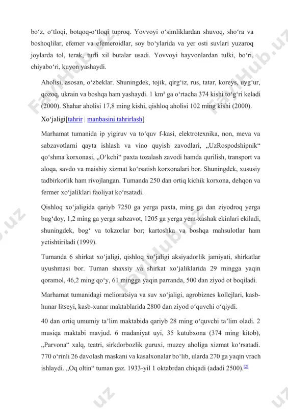 ladi. 2 musiqa maktabi mavjud. 6 madaniyat uyi, 35 kutubxona (374 ming kitob), „parvona“ xalq, teatri, sirkdorbozlik guruxi, muzey aholiga xizmat koʻrsatadi. 770 oʻrinli 26 davolash maskani va kasalxonalar boʻlib, ularda 270 ga yaqin vrach ishlaydi. „oq oltin“ tuman gaz. 1933-yil 1 oktabrdan chiqadi (adadi 2500).[2] marhamat tumani — andijon viloyatining tarkibidagi tuman. viloyatning janubiy qismida joylashgan. 1926-yil 29-sentabrda tashkil etilgan. maʼmuriy markazi — marhamat shahri. tarixi[tahrir | manbasini tahrirlash] 1963-yilda marhamat tumani yondosh tuman bilan birlashtirilib, tuman markazi marhamat tumanidagi russkoe selo shaharchasiga koʻchirilgan. 1965-yil 15-fevralda tuman nomi oʻzgartirilib, markazi hozirgi asaka shahriga koʻchirilgan. 1970-yil 7-dekabrda marhamat tumani bilan qayta tashkil etilgan. bu yerda oʻzbekiston uchartoʻp federatsiyasi ilk bor ochilgan. geografiyasi[tahrir | manbasini tahrirlash] marhamat tumani shimolda viloyatning asaka, xoʻjaobod, buloqboshi tumanlari, sharq va janubda qirgʻiziston respublikasi oʻsh viloyatining aravon tumani, gʻarbda fargʻona viloyatining quva tumani bilan chegaradosh. maydoni — 0,32 ming kv.km. marhamat tumanida 1ta shahar (marhamat), 1ta …