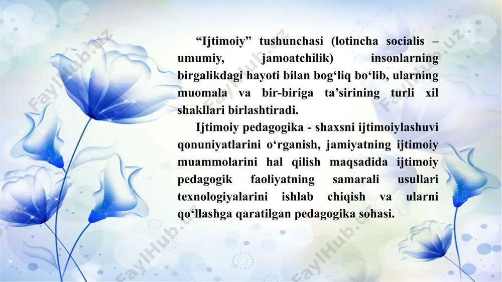 lardir. ijtimoiy ishning oʻziga xosligini tushunishda asosiy omil 1917-yilda meri richmandning “ ijtimoiy suhbat” kitobining chop etilishi boʻldi. bu mumtoz asarda “yaxshi ijtimoiy ishchi odamlarni kambagʻallikdan halos etish bilan shugʻullanmaydi, u kambagʻallikni umuman bartaraf etish uchunnima qilish haqida oʻylaydi”,-deb yozilgan. richmonddan keyin izlanish, tashhis, davolash parofigmasi ijtimoiy ishda asosiy boʻldi. amaliy vazifalarga ijtimoiy pedagogikaning ijtimoiylashuviga tashkiliy-pedagogik va psixologik yoʻnalishlardagi taʼsirini samarali takomillashtirish ishlarini aniqlash bilan bogʻliq. amaliy vazifalarga quyidagilar kiradi: atrof-muhit, inson, uning jismoniy va maʼnaviy xususiyatlari, jamiyatdagi huquq va majburiyatlarini bilishga intilishni rivojlantirish; gʻurur, mustaqillik, oʻziga ishonch hissini rivojlantirish; bola (oʻsmir)da insonlar bilan oila, maktab, tengdoshlari davrasida, ishda muomala qilishga ishtiyoqni oshirish. inqirozdan mustaqil chiqib ketish maqsadini qoʻyish, chiqish yoʻllarini aniqlash, atrofdagilar bilan muomala qilishni oʻrganish, hayot mazmuni va maqsadini aniqlash; - bola (oʻsmir) ongida yaxshilik, adolat, yaqinlariga, ijodga, oʻzaro tushunishga muhabbatni tarbiyalash; 1 2 3 4 ijtimoiy pedagogning vazifalari bolani oʻrab turgan va unga taʼsir qiluvchi turli ijtimoiy …