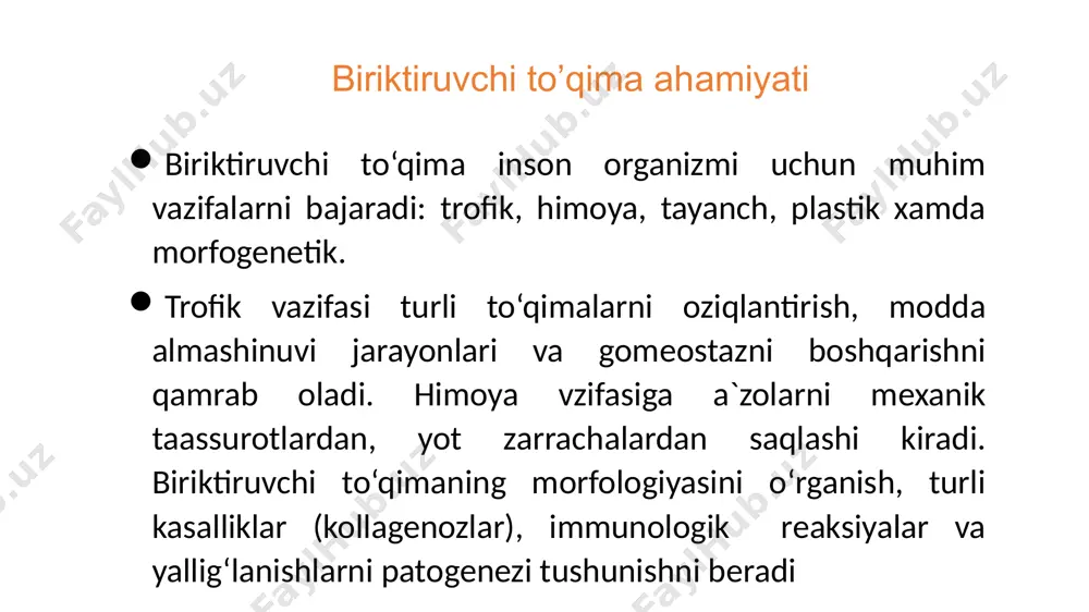 anotsitlar (yoki pigmentotsitlar) fibroblastlar cho‘ziq, duksimon shaklda, o‘simtalarga ega yadrosi oval yetuk fibroblastlar funksiyasi: kollagen va elastinni tashkil qiluvchi oqsillarni amorf moddaning proteoglikan va glikoproteinlarni sintez qiladi. yetuk fibroblast va fibrosit fibroblastlar fibroblastlar (iot.fibra — tola, yunon. blastos — kurtak) biriktiruvchi to‘qimaning asosiy hujayra elementlaridan hisoblanadi. fibroblast yirik (20 mkm ga yaqin) noto’g'ri shakldagi hujayra bo’lib, qobig‘i bir talay uzun o’simtalar hosil qiladi. sitoplazma chegarasi faqat elektron mikroskopdagina aniq ko‘rinadi. fibroblast sitoplazmasida ikki qism: tashqi - ektoplazma va ichki — endoplazma tafovut qilinadi. ektoplazma faqat gialoplazmadan iborat bo’lib, ochroq bo’yaladi. endoplazma esa yadro atrofidagi hujayra organellari va kiritmalari joylashgan to‘qroq bo‘yalgan qismdir. fibrositlar cho‘zinchoq, uzun hujayra o‘simtalarga ega yadrosi zich, tayoqchasimon bo‘linish xususiyati aniqlanmagan fibroklastlar organlar evolutsiyasi paytida hosil bo‘ladi hujayralararo moddani fagotsitoz va gidroliz yoki bilan parchalaydi. makrofaglar makrofaglar biriktiruvchi to‘qimaning fibroblastlardan keyingi ko‘p uchraydigan hujayralari hisoblanib, biriktiruvchi to‘qima hujayralarining taxminan 10—20 %ni tashkil qiladi. bu hujayra larning ikki …