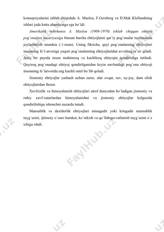 lishi va o`zini namoyon qilish ehtiyojlari ham qondirilish jarayonida motivatsiyaga kuchliroq ta`sir qilaverishini tajriba ko`rsatib turadi. m.meskon, m.albert va f.xedourilar a.maslou nazariyasini rivojlantirib, korxonadagi yuqori pog`ona xodimlarining ehtiyojlarini qondirish usullarini taklif etdilar. ijtimoiy ehtiyojlar: 1. xodimlarga aloqada bo`lish imkonini beradigan ish taqdim etish. 2. ish joylarida yagona guruh ruhini hosil qilish. 3. xodimlar bilan muntazam kengashlar o`tkazib turish. 4. vujudga kelgan norasmiy guruhlar tashkilotga zarar yetkazmasa, ularni tarqatib yuborishga urinmaslik. 5. tashkilot doirasidan tashqarida tashkilot a`zolarining ijtimoiy faolligi uchun sharoit yaratib qo`yish. hurmat qozonishga bo`lgan ehtiyojlar: 1. xodimlarga mazmunliroq ish taklif etish. 2. erishilgan natijalarga munosib taqdirlanish tartibini o`rnatish. 3. xodimlar erishgan natijalarni munosib baholash va rag`batlantirish. 4. maqsadlarni belgilash va qarorlar ishlab chiqishga xodimlarni jalb etish. 5. xodimlarga qo`shimcha huquq va vakolatlar berish. 6. xodimlarning xizmat lavozimlarini ko`tarib borish. 7. xodimlarni o`qitish va qayta tayyorlash yo`li bilan ularning malakasini oshirib borish. o`zini namoyon etish ehtiyojlari: 1. xodimlarning o`z qobiliyatlaridan …