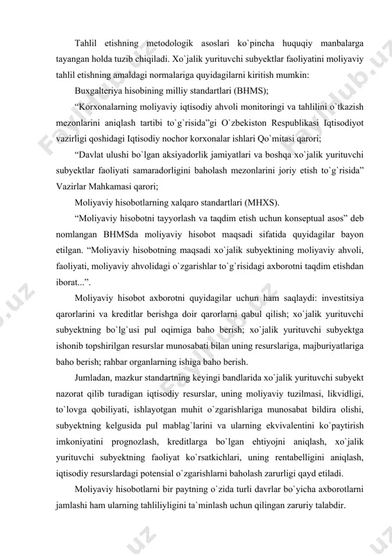 aydi: investitsiya qarorlarini va kreditlar berishga doir qarorlarni qabul qilish; xo`jalik yurituvchi subyektning bo`lg`usi pul oqimiga baho berish; xo`jalik yurituvchi subyektga ishonib topshirilgan resurslar munosabati bilan uning resurslariga, majburiyatlariga baho berish; rahbar organlarning ishiga baho berish. jumladan, mazkur standartning keyingi bandlarida xo`jalik yurituvchi subyekt nazorat qilib turadigan iqtisodiy resurslar, uning moliyaviy tuzilmasi, likvidligi, to`lovga qobiliyati, ishlayotgan muhit o`zgarishlariga munosabat bildira olishi, subyektning kelgusida pul mablag`larini va ularning ekvivalentini ko`paytirish imkoniyatini prognozlash, kreditlarga bo`lgan ehtiyojni aniqlash, xo`jalik yurituvchi subyektning faoliyat ko`rsatkichlari, uning rentabelligini aniqlash, iqtisodiy resurslardagi potensial o`zgarishlarni baholash zarurligi qayd etiladi. moliyaviy hisobotlarni bir paytning o`zida turli davrlar bo`yicha axborotlarni jamlashi ham ularning tahliliyligini ta`minlash uchun qilingan zaruriy talabdir. o`zbekiston respublikasi iqtisodiyot vazirligi huzuridagi iqtisodiy nochor korxonalar ishlari qo`mitasining “korxonalarning moliyaviy iqtisodiy ahvoli monitoringi va tahlilini o`tkazish mezonlarini aniqlash tartibi to`g`risidagi qarori”ga muvofiq xo`jalik yurituvchi subyektlarning iqtisodiy nochorligini baholashda quyidagi ko`rsatkichlar tizimini o`rganish tavsiya etiladi: to`lov layoqati yoki qoplash koeffitsiyenti; …