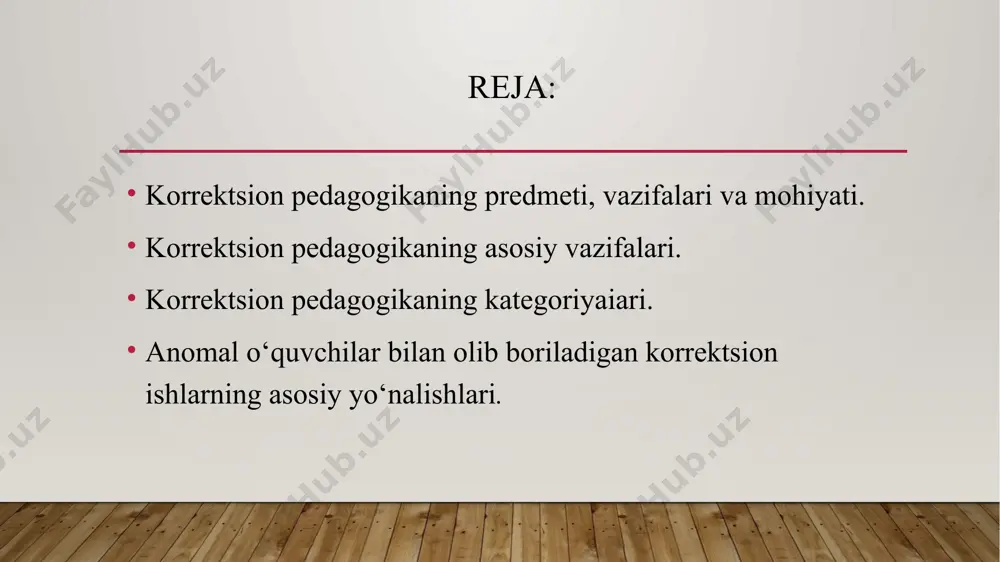 bga olish; rivojlanish anomaliyasini erta diagnostika qilish metodlarini ilmiy jihatdan ishlab chiqish; bolalarda rivojlanish nuqsonlarini tuzatish, yo‘qotish yoki kamaytirish bo‘yicha chora-tadbirlami ishlab chiqish; anomal bolalikning oldini olish bo‘yicha profilaktik choratadbirlar tizimini ishlab chiqish; anomal bolani rivojlantirish va uni ijtimoiylashtirish jarayonining samaradorligini oshirish korrektsion pedagogikaning sohalari tiflopedagogika (defektologiyaning koʻr va zaif koʻruvchi bolalarni oʻqitish, tarbiyalash hamda ularni mehnatga tayyorlash masalalarini ishlab chiquvchi sohasi) surdopedagogika (defektologiya tarmogʻi; kar yoki zaif eshituvchi bolalarni maxsus oʻqitish va tarbiyalash masalalarini ishlab chiqadi.) oligofrenopedagogika (aqli zaif bolalarni oʻqitish, tarbiyalash, korreksiyalash (tuzatish), ijtimoiy xayotga jalb etish masalalarini oʻrganuvchi defektologiya tarmogʻi.) logopediya (pedagogika fani tarmogʻi; nutqdagi kamchilik (duduqlik, til rivojlanmaganligi, oʻqish va yozuvdagi nuqson va boshqalar) sabablari, ularning oldini olish, tuzatish yoʻllarini hamda nutq faoliyati buzilishi mexanizmlari, alomatlarini maxsus taʼlim va tarbiya vositasida oʻrganadi. ) 3.korrektsion pedagogikaning kategoriyaiari. korrektsion pedagogikaning quyidagi kategoriyaiari mavjud: 1.anomal bolatarni o‘qitish va rivojlantirish ulami ijtimoiy hayot va mehnatga tayyorlash, ularda bilim, ko‘nikma va …