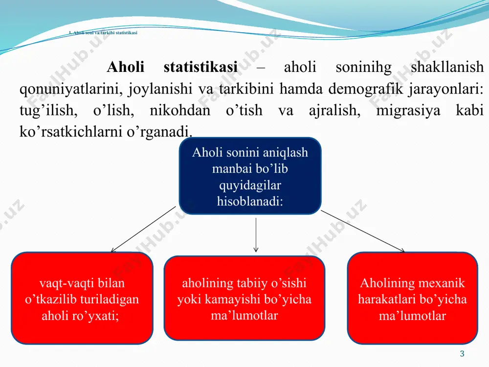 -aholining joriy yil oxiridagi va keyingi yil boshidagi soni; -tabiiy o’zgarish (yoki umumiy o’zgarish) koeffitsientlari; 15 - joriy yilda aholi sonining qo’shimcha o’zgarishi, ya’ni - keyingi yilda qo’shimcha o’zgarishi lozim bo’lgan aholi soni, ya’ni yoshni siljitish usulida aholining perspektiv soni quyidagi formula yordamida aniqlanadi: ixpx=ix+1 ix - x yoshgacha yashashi mumkin bo’lgan aholi soni; px - x+1 yoshgacha yashashi mumkin bo’lgan ehtimollik; ix+1 – yoshgacha yashashi mumkin bo’lgan aholi soni. shunday qilib, har bir yoshdagi aholi soni (ix) har bir yosh yashashi mumkin bo’lgan ehtimollik koeffitsienti. (px)yordamida bir yoshdan (ix)ikkinchi yoshga (ix+1) «siljitiladi». 16 mexaniq o’zgarishi koeffitsienti mutloq mexaniq o’zgarishi 17 bu usulni qo’llash tartibini quyidagi shartli raqamlarda ko’rib chiqamiz(4-jadval). shu ma’lumotlarga asoslanib uch avlodning perspektiv sonini bo’lajak 1, 2 va 3 yillar, ya’ni n, n+1 va n+2- yillar uchun aniqlang. echish uchun jadvalning so’nggi ustunlarini to’ldiramiz. 18 aholining joriy yil oxiridagi soni kelgusi 1-yil boshida bo’lishi mumkin bo’lgan aholi …
