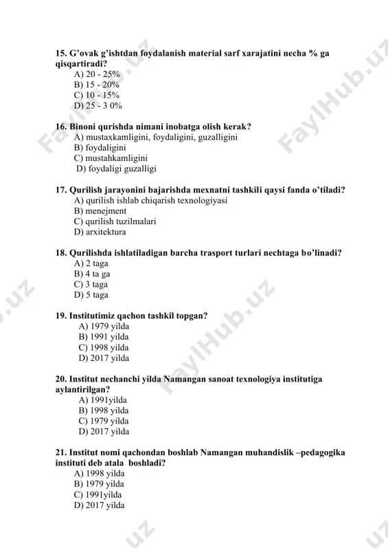 et faoliyat olib bormoqda? a) 7 ta b) 6 ta c) 4 ta d) 5 ta 31. amaldagi o’zbekiston respublikasining “ta`lim to’g’risida”gi qonuni qachon qabul qilingan? a) 2020 yil 24 sentyabr b) 2000 yil 24 sentyabr c) 1997 yil 24 sentyabr d) 2005 yil 24 sentyabr 32. o’zbekiston respublikasining “ta`lim to’g’risida”gi qonuni nechta bob va nechta moddadan iborat? a) 11 ta bob va 75 ta moddadan iborat b) 13 ta bob va 75 ta moddadan iborat c) 11 ta bob va 72 ta moddadan iborat d) 12 ta bob va 75 ta moddadan iborat 33. oliy ta’lim bakalavriat ta’lim yo’nalishlari va magistratura mutaxassisliklari bo’yicha yuqori malakali kadrlar tayyorlanishini ta’minlanishi “ta`lim to’g’risida”gi qonuni” qaysi moddasida keltirilgan? a) 11-moddasida b) 12-moddasida c) 9-moddasida d) 10-moddasida 34. oliy ta’limdan keyingi ta’limni oliy ta’lim va ilmiy tashkilotlarda olish “ta`lim to’g’risida”gi qonuni” qaysi moddasida keltirilgan? a) 12-moddasida b) 11-moddasida c) 10-moddasida d) 14-moddasida 35. o’zbekiston …