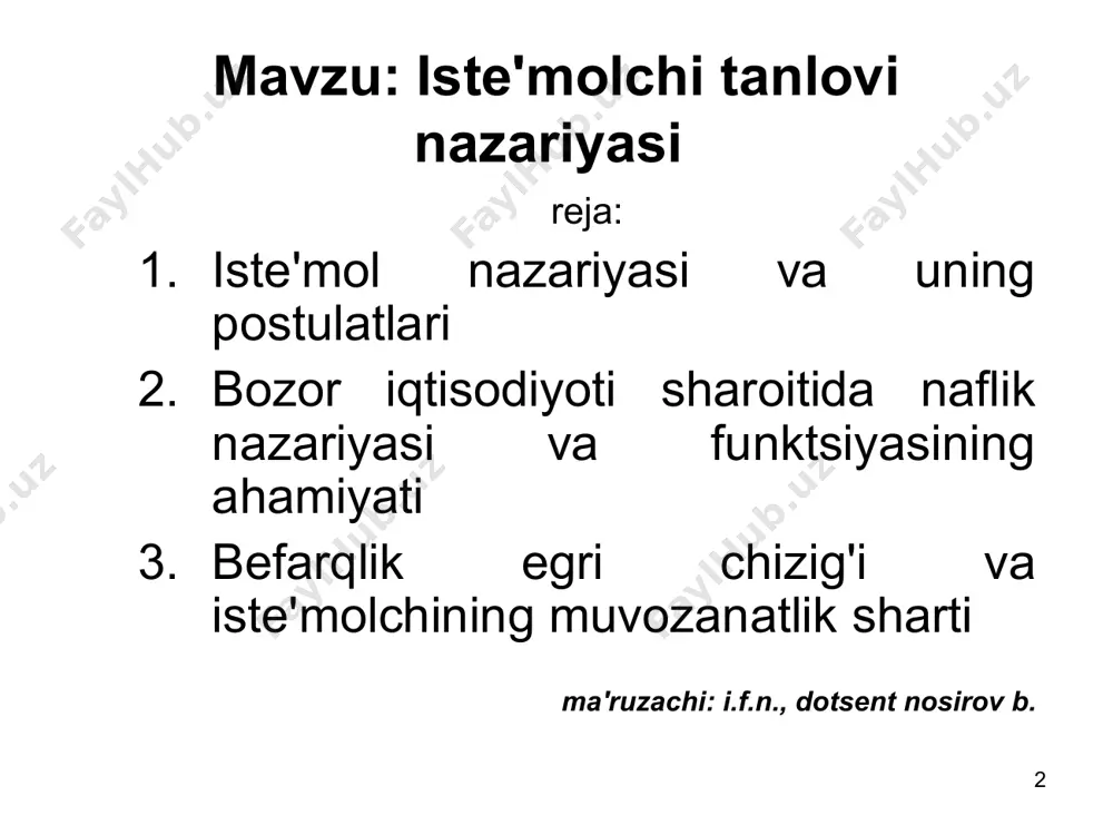 an chekli almashtirish normasini ifodalaydi. iste'mol nazariyasi * chekli almashtirish normasi x2 x2 x1 x1 α * iste'molchining tanlovi r/p2 r/p1 x2 e u3 u2 u1 x1 a * misol * befarqlik egri chizig'i * iste'molchining daromad chizig'i * daromad o'zgarishining daromad chizig'iga ta'siri * iste'molchi extiyojlarining maksimal kondirilishi grafigi * а d a b i y o t l a r salimov b.t., muxitdinova u.s., mustafaqulov sh.i., salimov b.b. mikroiqtisodiyot. darslik. t. 2015. egambеrdiеv e. mikroiqtisodiyot darslik.-t.: tmi, 2004. 226-b g'ulomov s.s., alimov r.x., salimov b.t. mikroiqtisodiyot darslik. t.: sharq 2001- y. 320-b r. pindayk, d. rubinfеld. mikroiqtisodiyot. t. 2002 максимова в.ф. микроэкономика: учеб. м.: маркт дс, 2012. – 368с. pindyck, robert s.microeconomics. – copyright 2013, macmillan publishing company, a division of macmillan, inc. campbell r. mcconnell. microeconomics. - copyright 2015, macmillan publishing company, a division of macmillan, inc. g ( н ( f с е d в а …