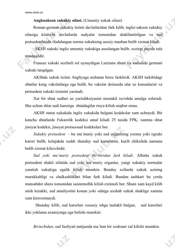 i kuramiz. xalkaro xukuk koidalari xam pretsedent ta`siri ostida vujudga keladi. agar sud karorlari asosida majburiy normalar, axamiyati tan olinsa buning uchun asoslar bulish kerak. bunda sudning axoli orasida xurmatga sazovor bulishi ya`ni, bitta ish yuzasidan kabul kilingan karorni ikkinchi bir ishga xam ta`sirini utkazish uchun emas, balki boshka bir muxim asoslari bulishi kerak, chunki sud karorlari shunday ishonch yaratishi kerakki, bu sudga bulgan xurmatni bildiradi. bu shundan guvoxlik beradiki, sud karorining obrusi fakat axlokiy asosga emas, balki xukukni muxofaza kiluvchi organlar asoslanganidek dalolat beradi. bunda shu narsa muximki, sudning karori davlat xokimiyati tomonidan kullab kuvvatlanadi va uning nuktai nazariga moslashish zarur, agarda xukukning normasini okibati senga nokulay bulgan xolatni keltirib chikarishni xoxlamasang. yukoridagilardan kelib chikib shu narsaga amin bulish kerakki, sud karorlarining xar doim xam xukuk shakli sifatida karash kerak emas, xakikatdan xam kabul kilingan karorga kura sud uzining xizmat vazifasini uzmagan xolda ikkinchi xuddi shunday ish buycha boshkacha …