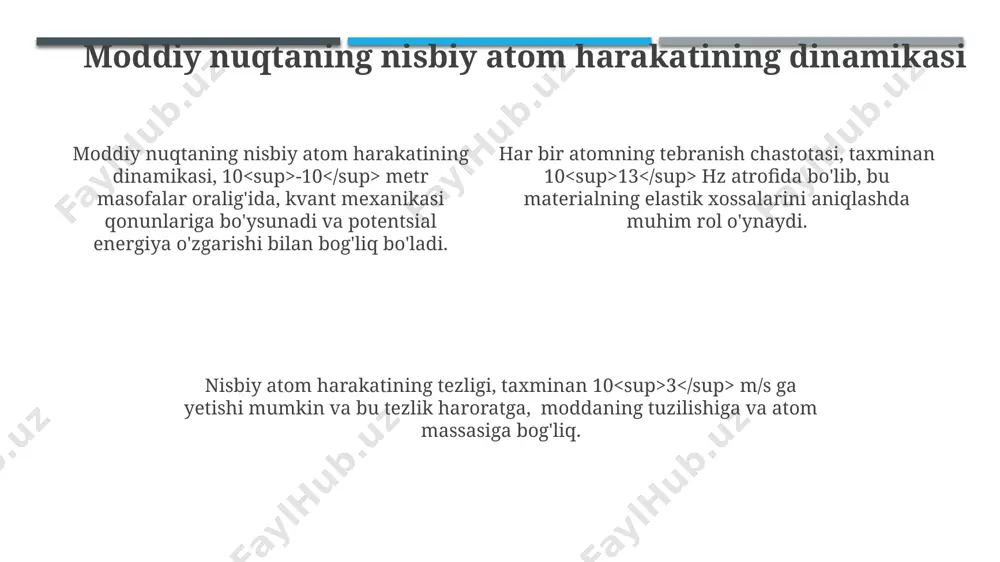 odagi o'zgarishlar atomlarning tebranish chastotasiga (masalan, 10¹² hz tartibidagi) bog'liq bo'lib, bu esa materialning termodinamik xossalarini aniqlaydi. atom harakatining amplitudasi (taxminan 0,1 å dan 1 å gacha) haroratga va material tuzilishiga bog'liq holda o'zgaradi. harorat va atom harakatining bog'liqligi 300 k haroratdagi kristall panjaradagi atomlar o'rtacha 10⁻¹⁰ m amplituda bilan tebranishadi, lekin 1000 k da bu amplituda sezilarli darajada, taxminan 2-3 barobar ortadi. materialning o'ziga xos issiqlik sig'imi, uning atomlarining harakat dinamikasiga bevosita bog'liq bo'lib, debay modeli orqali taxminan 3kbn (k b - boltsman konstantasi, n - atomlar soni) ga teng bo'ladi. harorat oshishi bilan material nuqtasining atomlari 10¹² - 10¹⁴ hz chastotalarda tebranish amplitudasini oshiradi, bu esa kinetik energiyaning o'sishiga va diffuziya tezligining ortishiga olib keladi. diffuziya va atom harakati atomning o'rtacha erkin yugurish masofasi (mean free path), materialning tuzilishi va haroratiga bog'liq bo'lib, odatda bir necha angstrom (10⁻⁸ sm) ni tashkil etadi. gradiyent konsentratsiyasi 10¹⁸-10²⁰ sm⁻³ bo'lganda, diffuziya …