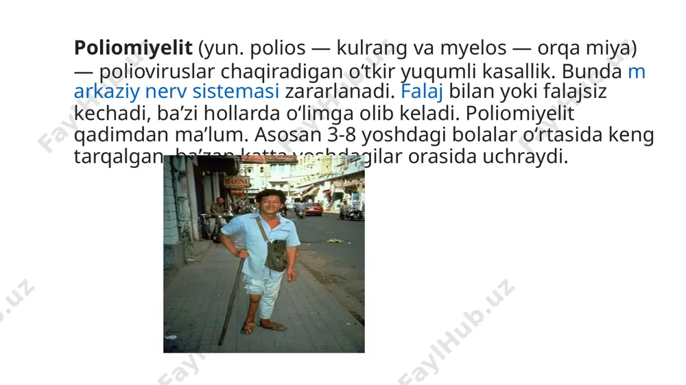i hosil qiladi. bu yalligʻlanish natijasida orqa miya nerv hujayralari faoliyati buziladi. natijada falajlik yuzaga keladi.[2] simptomlari￼￼ kasallik oʻtkir boshlanadi: bemorning temperaturasi 38—39° gacha koʻtariladi, yoʻtal, aksirish, tomoq ogʻrishi, qorinda ogʻriq paydo boʻlishi va ich ketishi kuzatiladi. bu belgilar 4—5 kundan keyin oʻtib ketadi, bir haftadan soʻng temperatura yana koʻtariladi va turli muskullar, ayniqsa, oyoq va qoʻllar falaji avj oladi. falajsiz poliomiyelit yuqori nafas yoʻllarining oʻtkir katari sifatida (qarang oʻtkir respirator kasalliklar) yoki meʼda-ichak faoliyatining buzilishi koʻrinishida kechadi. klinikasi￼ bemor kasalxonada davolanadi. falaj bilan kechadigan poliomiyelitda zararlangan qoʻl va oyoqning harakatlanishi buziladi, kasal qoʻl yoki oyoq sogʻlom oyoq-qoʻlga qaraganda oʻsishdan orqada qoladi. shu sababli kompleks davolashda massaj, davo fizkulturasi, oyoq va qoʻllar uchun maxsus ortopedik apparatlar, tana va boʻyinga korset taqish tavsiya etiladi. keyinchalik sanatoriy-kurortda davolanish kerak. falaj bilan kechadigan poliomiyelit uzoq va toʻgʻri davolanganda oyoq va qoʻllarning izdan chiqqan funksiyalari tiklanishi mumkin. profilaktikasi￼ poliomiyelitning oldini olish uchun suyuq holdagi …