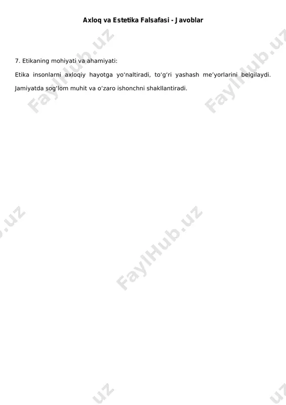 onparvarlik, - professional mas’uliyat. 12-mavzu: nafosat falsafasi (estetika) estetika fan sifatida nimalarni o‘rganadi? estetika — go‘zallik, nafosat, san’at, estetik qadriyatlar, inson estetik ongini o‘rganadi. estetik ong boshqa ijtimoiy ong shakllaridan nimasi bilan farq qiladi? estetik ong go‘zallikni qabul qilish, uni his qilish va baholashga asoslanadi. u emotsional, obrazli tafakkurga tayanadi. axloq va estetika falsafasi - javoblar san’at deb nimaga aytiladi? san’at — inson his-tuyg‘ulari va tasavvurlarini obrazlar orqali ifodalovchi ijodiy faoliyatdir. u estetik zavq bag‘ishlaydi va ma’naviy tarbiya beradi.