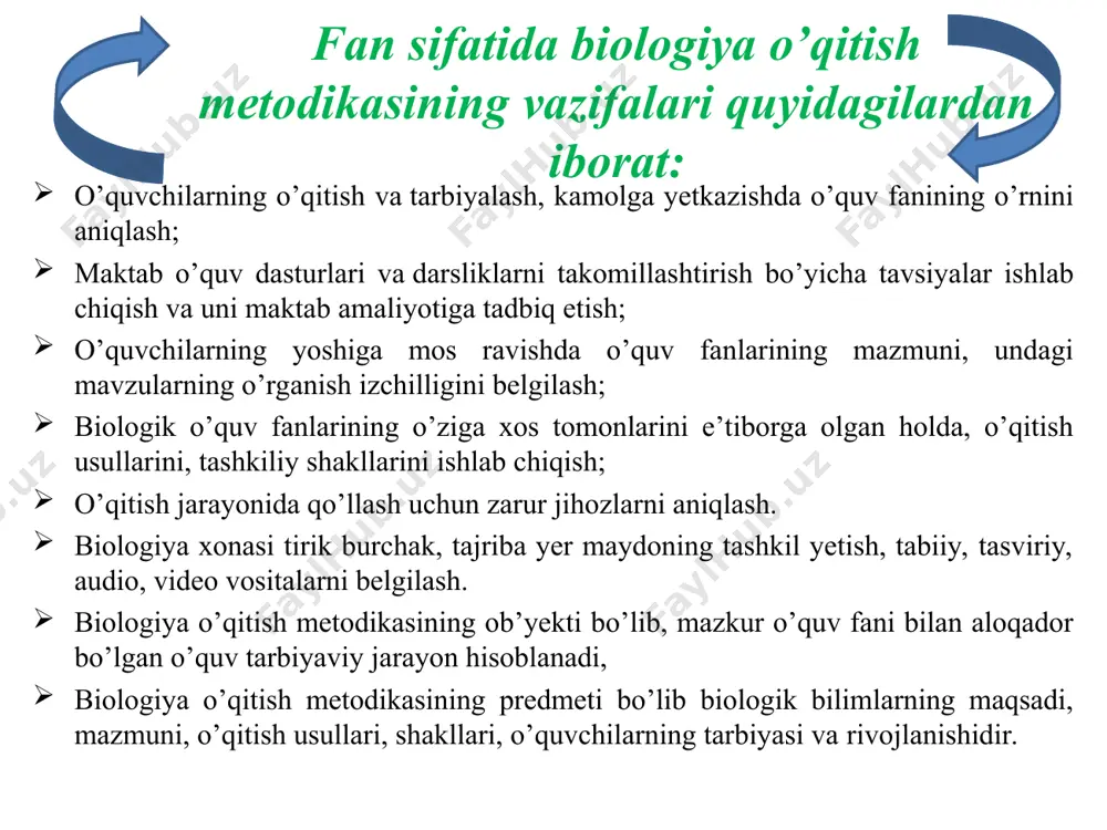 qitish va tarbiyalash mazmuni, shakllari, va metodlari hamda vositalari bilan bog‘liq nazariy va amaliy masalalarni ishlab chiqadi. biologiya o‘qitish metodikasi psihologiya bilan uzviy aloqadadir. chunki, biologiyani o‘qitish o‘quvchilarning yosh xususiyatlariga mos bo‘lgan taqdirdagina samara beradi. masalan o‘smirlarda ya’ni v-vi sinf o‘quvchilarida diqqat beqaror bo‘lgani sababli biologiya o‘qituvchisi dars jarayonida bir necha metodlardan foydalanib, o‘quvchilar faoliyatini almashtirib turadi, hamda ularning tafakkurini konkret ekanligini e’tiborga olib, ko‘rgazmali vositalardan ko‘proq foydalaniladi. yuqori sinflarda esa o‘quvchilar diqqati barqarorlashgani va ularda abstrakt tafakkur rivojlangani uchun darslar ko‘proq ma’ruza shaklida o‘tkazilishi va bir, ikki metoddan foydalanish kifoya qiladi. biologiya o‘qitish metodikasi biologiya fani bilan uzviy aloqador. u biologik fanlarning deyarli barcha sohalari: botanika, zoologiya, odam anatomiyasi va fiziologiyasi, sitologiya, biokimyo, embriologiya, sistematika, ekologiya, evolyusion ta’limot, antropologiya molekulyar biologiya fan asoslarini o‘zida ifoda qiladi. biologiya o‘qitish metodikasi o‘quv fani sifatida umumiy o‘rta va o‘rta maxsus, kasb-xunar ta’lim biologiya o‘qituvchini tayyorlashda biologiya o‘qitish metodikasi o‘quv fani nihoyatda muhim …