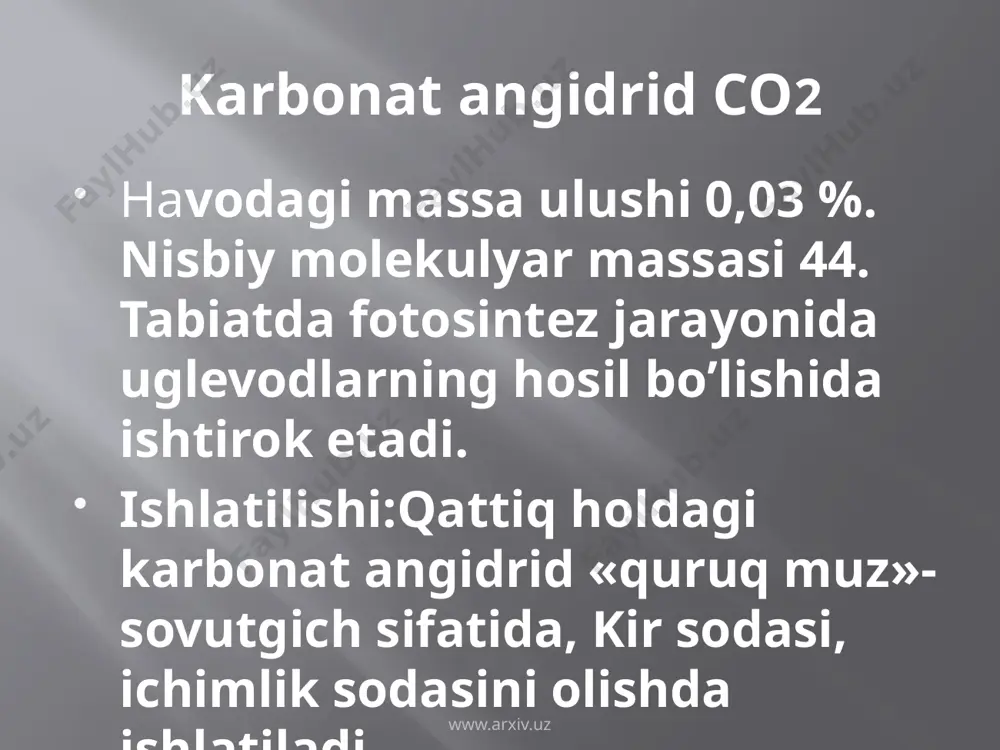 da oraliq modda sifatida hosil bo’ladi: n2+o2=2no 2no+o2=2no2 korxonalarda sariq tutun sifatida ajralganligi bois, tulkidumi nomini olgan www.arxiv.uz no2 ning gaz va muzli muhitdagi holati. www.arxiv.uz no2 ning ishlatilishi asosan nitrat kislotaolishda va uning asosida turli xil dorivor preaparatlar, portlovchi vositalar, erituvchilar, tolalar olishda ishlatiladi. qimmatli azotli o’g’it olishda qo’llaniladi. www.arxiv.uz uyga vazifa: 1. mustaqil tarzda ag2o, al2o3, p2o5 oksidlarining qo’llanilish sohalarini o’rganib kelish. 2. o’tilgan mavzuni o’zlashtirish (111-112 bet) www.arxiv.uz image2.png image3.png