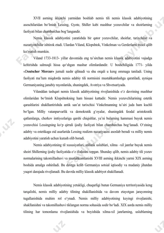 i yarmi xix asrning boshida amalga oshiriladi. bu davrga kelib germaniya sotsial iqtisodiy va madaniy jihatdan yuqori darajada rivojlanadi. bu davrda milliy klassik adabiyot shakillanadi. nemis klassik adabiyotining yetukligi, chuqurligi butun germaniya territoriyasida keng tarqalishi, nemis milliy adabiy tilining shakillanishida va davom etayotgan jarayonning tugallanishida muhim rol o‘ynadi. nemis milliy adabiyotining keyingi rivojlanishi, shakllanishni va takomillashuvi tiklangan norma sohasida sodir bo‘ladi. xix asrda nemis milliy tilining har tomonlama rivojlanishida va boyishida xilma-xil janrlarning, uslublarning shuningdek nemis klassik falsafasining yuzaga kelishida bu davrdagi yozuvchilar va shoirlarning ijodiy faoliyati muhim rol o‘ynagan. bunga misol tariqasida genrix geynening ijodiy faoliyatini va uning «das junge deutschland» nomli she’rini keltirish mumkin. sodir bo‘layotgan bunday o‘zgarishlar yagona umum nemis milliy adabiyotining yaratilishini tezlashtiradi, bu esa siyosiy jarayonda nemis millatining millat sifatida takomillashuvining yakunlanishiga asosiy omil bo‘lib xizmat qiladi. nemis adabiy tili talaffuzining normallashtirilishi xix asr oxirlariga kelib xviii asrda boshlangan nemis tilining unifikatsiyasi va og‘zaki nutq …